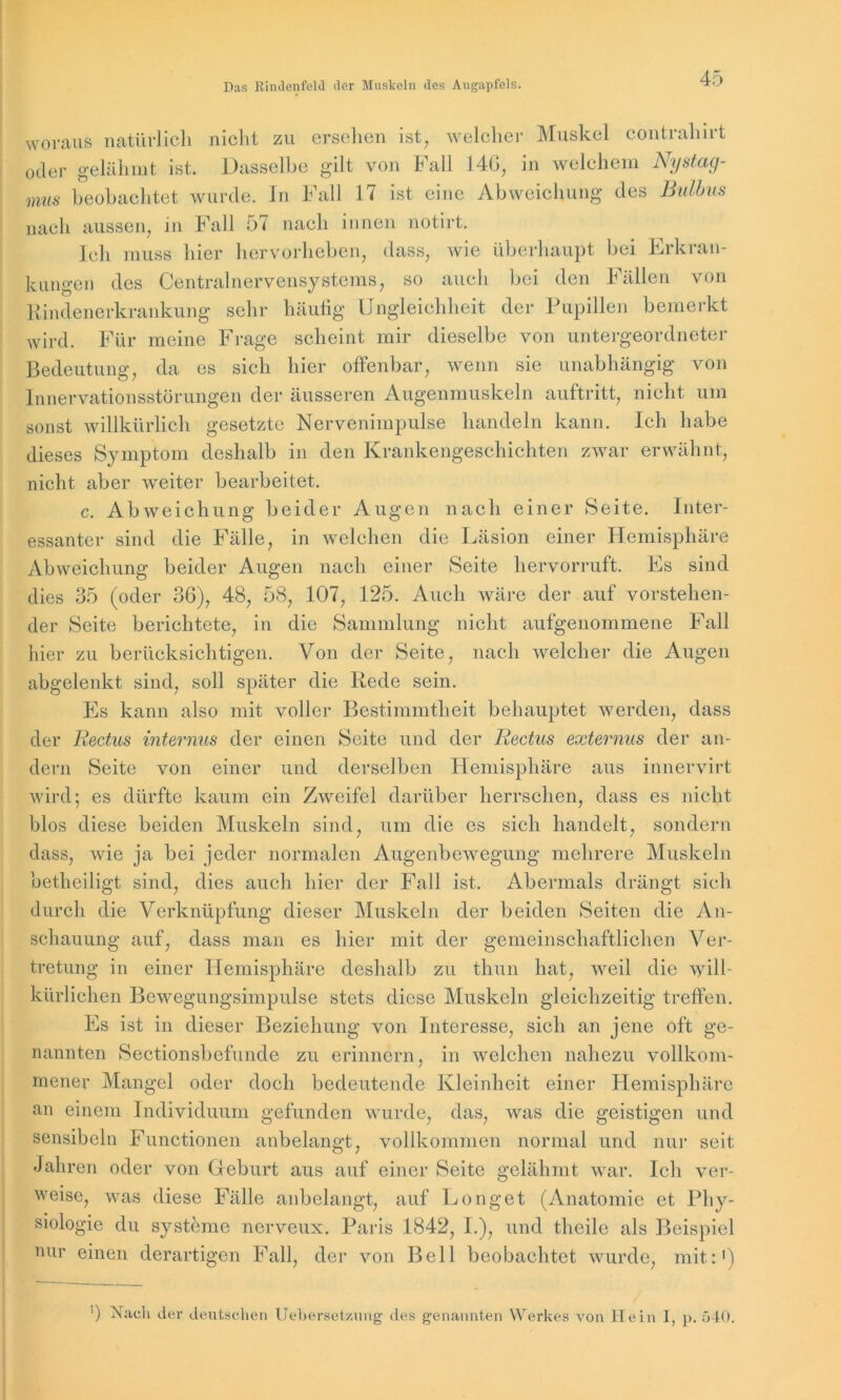 woraus natürlich nicht zu ersehen ist, welcher Muskel contrahirt oder gelähmt ist. Dasselbe gilt von Fall 14(3, in welchem Nystag- mus beobachtet wurde. In Fall 17 ist eine Abweichung des Bulbus nach aussen, in Fall 57 nach innen notirt. Ich muss hier hervorheben, dass, wie überhaupt bei Erkran- kungen des Centralnervensystems, so auch bei den Fällen von Rindenerkrankung sehr häufig Ungleichheit der Pupillen bemerkt wird. Für meine Frage scheint mir dieselbe von untergeordneter Bedeutung, da es sich hier offenbar, wenn sie unabhängig von Innervationsstörungen der äusseren Augenmuskeln auftritt, nicht um sonst willkürlich gesetzte Nervenimpulse handeln kann. Ich habe dieses Symptom deshalb in den Krankengeschichten zwar erwähnt, nicht aber weiter bearbeitet. c. Abweichung beider Augen nach einer Seite. Inter- essanter sind die Fälle, in welchen die Läsion einer Hemisphäre Abweichung beider Augen nach einer Seite hervorruft. Es sind dies 35 (oder 36), 48, 58, 107, 125. Auch wäre der auf vorstehen- der Seite berichtete, in die Sammlung nicht aufgenommene Fall hier zu berücksichtigen. Von der Seite, nach welcher die Augen abgelenkt sind, soll später die Rede sein. Es kann also mit voller Bestimmtheit behauptet werden, dass der Rectus internus der einen Seite und der Rectus externus der an- dern Seite von einer und derselben Hemisphäre aus innervirt wird; es dürfte kaum ein Zweifel darüber herrschen, dass es nicht blos diese beiden Muskeln sind, um die es sich handelt, sondern dass, wie ja bei jeder normalen Augenbewegung mehrere Muskeln betlieiligt sind, dies auch hier der Fall ist. Abermals drängt sich durch die Verknüpfung dieser Muskeln der beiden Seiten die An- schauung auf, dass man es hier mit der gemeinschaftlichen Ver- tretung in einer Hemisphäre deshalb zu thun hat, weil die will- kürlichen Bewegungsimpulse stets diese Muskeln gleichzeitig treffen. Es ist in dieser Beziehung von Interesse, sich an jene oft ge- nannten Sectionsbefunde zu erinnern, in welchen nahezu vollkom- mener Mangel oder doch bedeutende Kleinheit einer Hemisphäre an einem Individuum gefunden wurde, das, was die geistigen und sensibeln Functionen anbelangt, vollkommen normal und nur seit Jahren oder von Geburt aus auf einer Seite gelähmt war. Ich ver- weise, was diese Fälle anbelangt, auf Longet (Anatomie et Phy- siologie du Systeme nerveux. Paris 1842, I.), und theile als Beispiel nur einen derartigen Fall, der von Bell beobachtet wurde, mit:1) ') Nach der deutschen Uebersetzung des genannten Werkes von Hein I, ]>. Ö40.