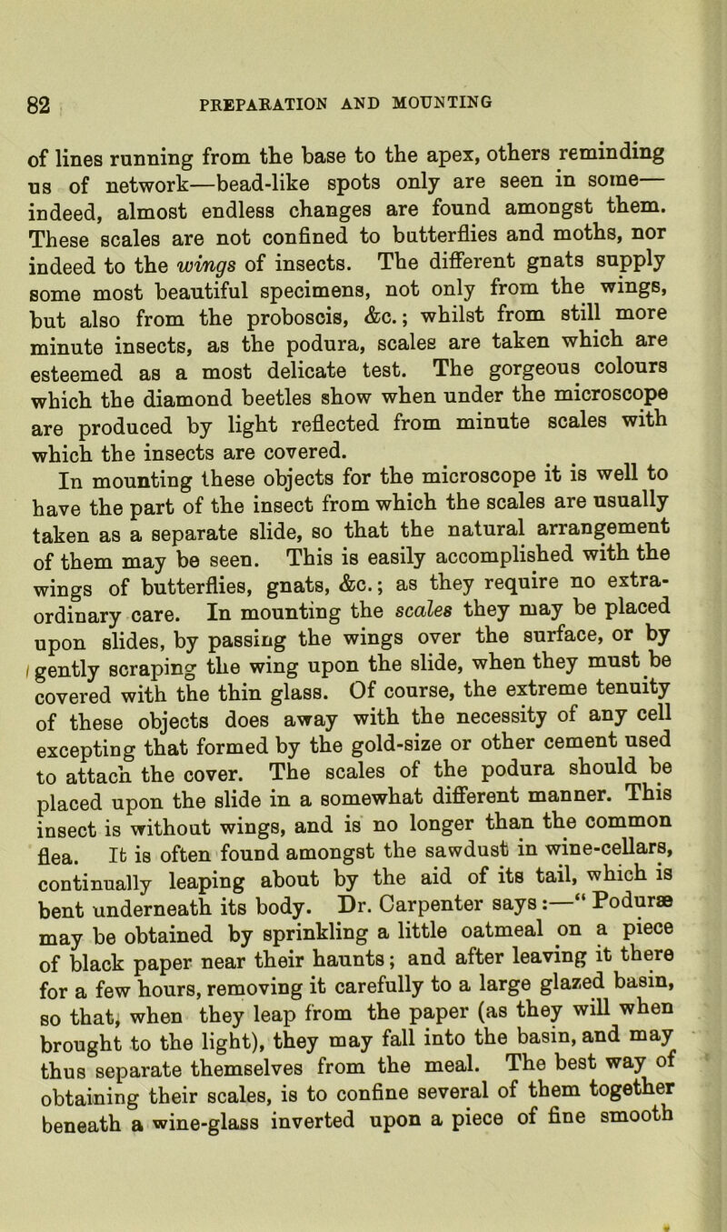 of lines running from the base to the apex, others reminding us of network—bead-like spots only are seen in some— indeed, almost endless changes are found amongst them. These scales are not confined to butterflies and moths, nor indeed to the wings of insects. The different gnats supply some most beautiful specimens, not only from the wings, but also from the proboscis, &c.; whilst from still more minute insects, as the podura, scales are taken which are esteemed as a most delicate test. The gorgeous colours which the diamond beetles show when under the microscope are produced by light reflected from minute scales with which the insects are covered. In mounting these objects for the microscope it is well to have the part of the insect from which the scales are usually taken as a separate slide, so that the natural arrangement of them may be seen. This is easily accomplished with the wings of butterflies, gnats, &c.; as they require no extra- ordinary care. In mounting the scoilss they may be placed upon slides, by passing the wings over the surface, or by I gently scraping the wing upon the slide, when they must be covered with the thin glass. Of course, the extreme tenuity of these objects does away with the necessity of any cell excepting that formed by the gold-size or other cement used to attach the cover. The scales of the podura should be placed upon the slide in a somewhat different manner. This insect is without wings, and is no longer than the common flea. It is often found amongst the sawdust in wine-cellars, continually leaping about by the aid of its tail, which is bent underneath its body. Dr. Carpenter says“ Podurae may be obtained by sprinkling a little oatmeal on a piece of black paper near their haunts; and after leaving it there for a few hours, removing it carefully to a large glazed basin, so that^ when they leap from the paper (as they will when brought to the light), they may fall into the basin, and may thus separate themselves from the meal. The best way of obtaining their scales, is to confine several of them together beneath a wine-glass inverted upon a piece of fine smooth