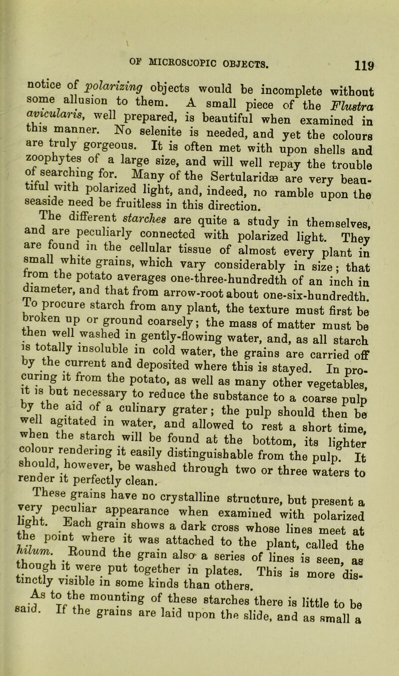 notice of polarizing objects would be incomplete without some allusion to them. A small piece of the Flusira amcularis, well prepared, is beautiful when examined in this manner. No selenite is needed, and yet the colours are truly gorgeous. It is often met with upon shells and zoophytes of a large size, and will well repay the trouble of searching for. Many of the Sertularidm are very beau- tiful with polarized light, and, indeed, no ramble upon the seaside need be fruitless in this direction. The different starches are quite a study in themselves, and are peculiarly connected with polarized light. They are found in the cellular tissue of almost every plant in small white grains, which vary considerably in size; that rom the potato averages one-three-hundredth of an inch in diameter, and that from arrow-root about one-six-hundredth io procure starch from any plant, the texture must first be broken up or ground coarsely; the mass of matter must be hen well washed in gently-fiowing water, and, as all starch IS totally insoluble in cold water, the grains are carried off by the current and deposited where this is stayed. In pro- curing it from the potato, as well as many other vegetables. It IS but necessary to reduce the substance to a coarse pulp by the aid of a culinary grater; the pulp should then be well agitated in water, and allowed to rest a short time, when the starch will be found at the bottom, its lighter colour rendering it easily distinguishable from the pulp It should, however be washed through two or three waters to render it perfectly clean. These grains have no crystalline strnctnre, but present a S '?'■ appearance when examined with polarized g t. Each gram shows a dark cross whose lines meet at thi Koaad gram alsu a senes of lines is seen, as though It were put together in plates. This is more dis- tinctly visible in some kinds than others. said ^ starches there is little to be said. If the grams are laid upon the slide, and as small a