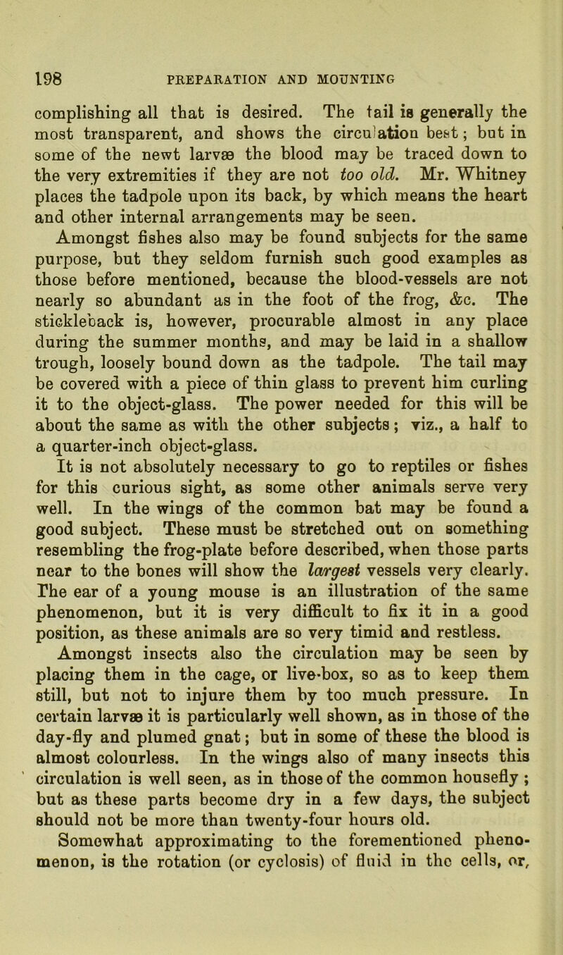 complishing all that is desired. The tail ia generally the most transparent, and shows the circulation best; bat in some of the newt larvae the blood may be traced down to the very extremities if they are not too old. Mr. Whitney places the tadpole upon its back, by which means the heart and other internal arrangements may be seen. Amongst fishes also may be found subjects for the same purpose, but they seldom furnish such good examples as those before mentioned, because the blood-vessels are not nearly so abundant as in the foot of the frog, &c. The stickleback is, however, procurable almost in any place during the summer months, and may be laid in a shallow trough, loosely bound down as the tadpole. The tail may be covered with a piece of thin glass to prevent him curling it to the object-glass. The power needed for this will be about the same as with the other subjects; viz., a half to a quarter-inch object-glass. It is not absolutely necessary to go to reptiles or fishes for this curious sight, as some other animals serve very well. In the wings of the common bat may be found a good subject. These must be stretched out on something resembling the frog-plate before described, when those parts near to the bones will show the la/rgest vessels very clearly. The ear of a young mouse is an illustration of the same phenomenon, but it is very difl&cult to fix it in a good position, as these animals are so very timid and restless. Amongst insects also the circulation may be seen by placing them in the cage, or live-box, so as to keep them still, but not to injure them by too much pressure. In certain larvae it is particularly well shown, as in those of the day-fly and plumed gnat; but in some of these the blood is almost colourless. In the wings also of many insects this circulation is well seen, as in those of the common housefly ; but as these parts become dry in a few days, the subject should not be more than twenty-four hours old. Somewhat approximating to the forementioned pheno- menon, is the rotation (or cyclosis) of flnivi in the cells, or.