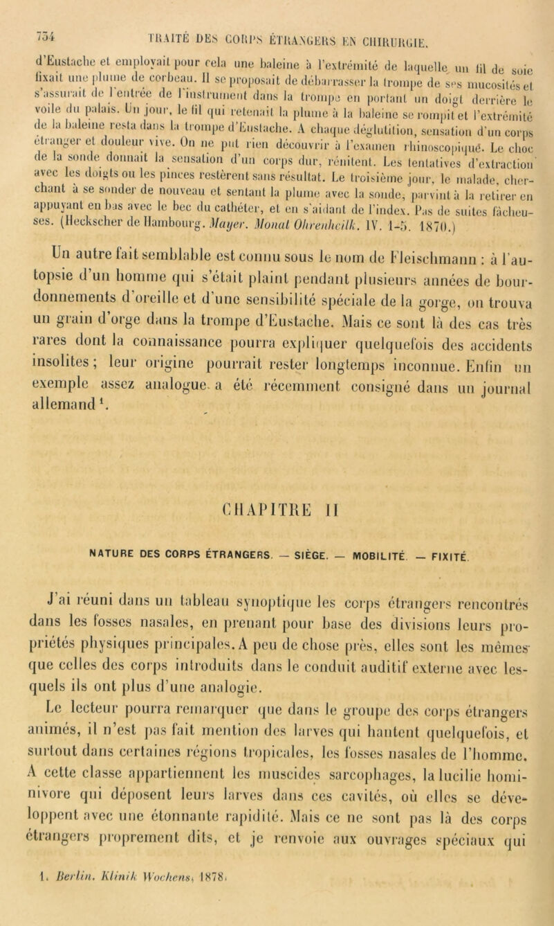d’Eustache et employait pour cela une baleine h l’extrémité de laquelle un lil de soie fixait une plume de corbeau. 11 se proposait de débarrasser la trompe de Ses mucosités et s assurait de 1 entrée de 1 instrument dans la trompe en portant un doigt derrière le voile du palais. Un jour, le fil qui retenait la plume à la baleine se rompit et l’extrémité de la baleine resta dans la trompe d’Eustaclie. A chaque déglutition, sensation d’un corps etranger et douleur vive. On ne put rien découvrir à l’examen rhinoscopiqué. Le choc de la sonde donnait la sensation d’un corps dur, rénitent. Les tentatives d’extraction avec les doigts ou les pinces restèrent sans résultat. Le troisième jour, le malade, cher- chant à se sonder de nouveau et sentant la plume avec la sonde, parvint à la retirer en appuyant en bas avec le bec du cathéter, et en s'aidant de l’index. Pas de suites fâcheu- ses. (Heckscher de Hambourg. Mayer. Monal Ohrenheilk. IV. 1-5. 1870.) Un autre fait semblable est connu sous le nom de Fleisehmann : à l’au- topsie d un homme (pii s’était plaint pendant plusieurs années de bour- donnements d oiei 1 le et d une sensibilité spéciale de la gorge, on trouva un grain d’orge dans la trompe d’Eustache. Mais ce sont là des cas très rares dont la connaissance pourra expliquer quelquefois des accidents insolites ; leur origine pourrait rester longtemps inconnue. Enfin un exemple assez analogue, a été récemment consigné dans un journal allemand l. CHAPITRE 11 NATURE DES CORPS ÉTRANGERS. — SIÈGE. — MOBILITÉ - FIXITÉ J ai réuni dans un tableau synoptique les corps étrangers rencontrés dans les fosses nasales, en prenant pour base des divisions leurs pro- priétés physiques principales. A peu de chose près, elles sont les mêmes- que celles des corps introduits dans le conduit auditif externe avec les- quels ils ont plus d’une analogie. Le lecteur pourra remarquer (pie dans le groupe des corps étrangers animés, il n’est pas fait mention des larves qui hantent quelquefois, et surtout dans certaines régions tropicales, les fosses nasales de l’homme. A cette classe appartiennent les muscides sarcophages, la lueilie liomi- nivore qui déposent leurs larves dans ces cavités, où elles se déve- loppent avec une étonnante rapidité. Mais ce ne sont pas là des corps étrangers proprement dits, et je renvoie aux ouvrages spéciaux qui 1. Berlin. Klinik Woctiens, 1878-