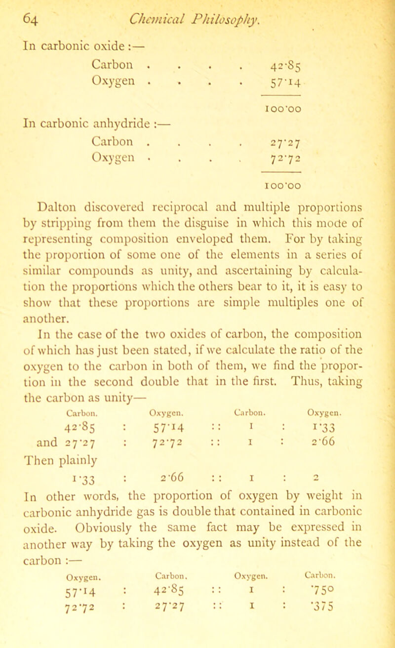 In carbonic oxide :— Carbon . Oxygen . In carbonic anhydride :— Carbon . Oxygen • 42-S5 57'i4 IOO’OO 27-27 72-72 IOO’OO Dalton discovered reciprocal and multiple proportions by stripping from them the disguise in which this mode of representing composition enveloped them. For by taking the proportion of some one of the elements in a series of similar compounds as unity, and ascertaining by calcula- tion the proportions which the others bear to it, it is easy to show that these proportions are simple multiples one of another. In the case of the two oxides of carbon, the composition of which has just been stated, if we calculate the ratio of the oxygen to the carbon in both of them, we find the propor- tion in the second the carbon as unity- double that in the first. Thus, taking Carbon. Oxygen. Carbon. Oxygen. 42-85 57-14 :: i i'33 and 27-27 : Then plainly 72-72 :: 1 : 2-66 1 ‘33 : 2 66 : : 1 • 0 In other words, the proportion of oxygen by weight in carbonic anhydride gas is double that contained in carbonic oxide. Obviously the same fact may be expressed in another way by taking the oxygen as unity instead of the carbon :— Oxygen. Carbon. Oxygen. Carbon. 57'14 : 42-85 : : 1 : •75°