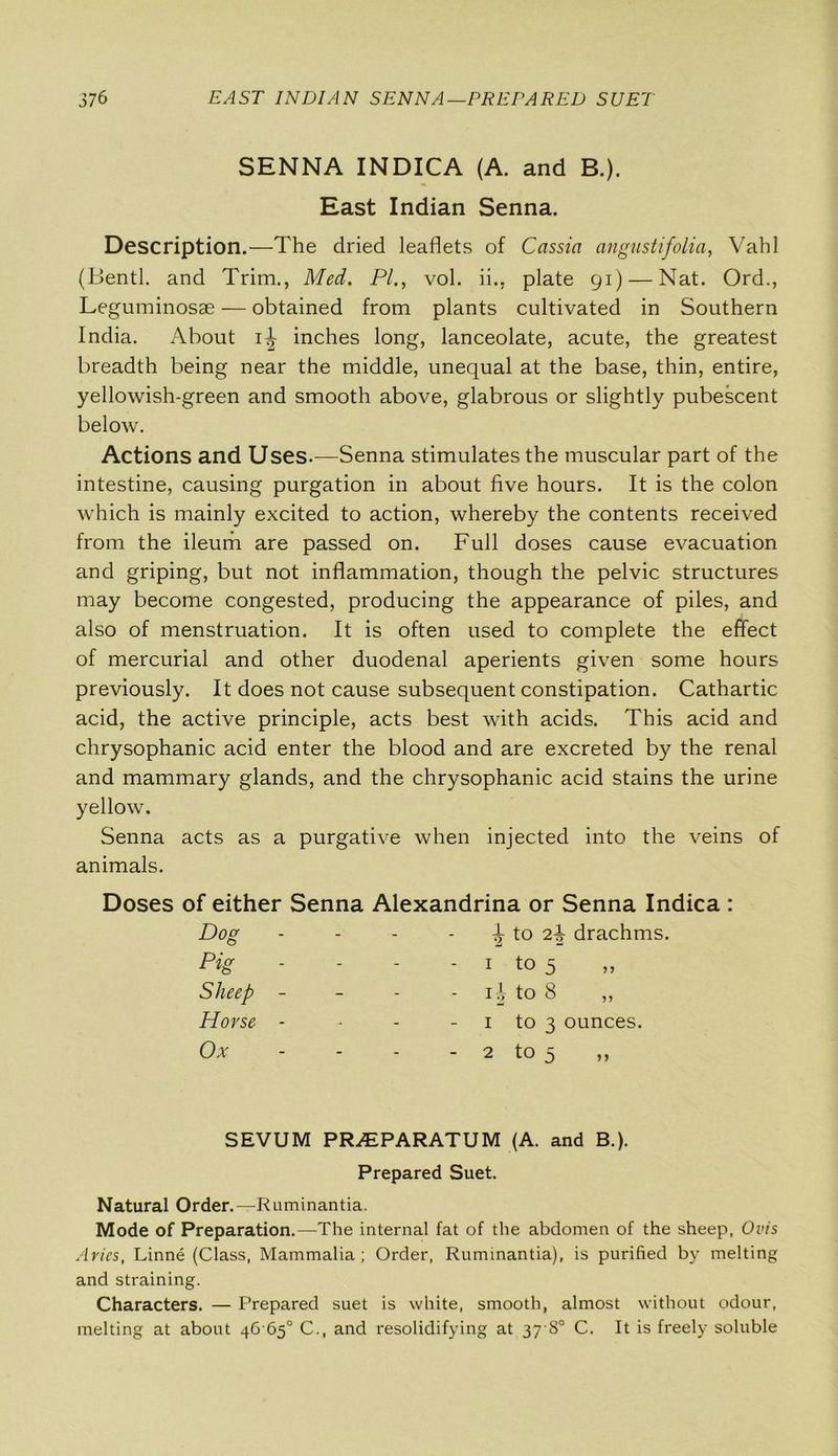 SENNA INDICA (A. and B.). East Indian Senna. Description.—The dried leaflets of Cassia angustifolia, Vahl (Bentl. and Trim., Med. PL, vol. ii., plate 91) — Nat. Ord., Leguminosae — obtained from plants cultivated in Southern India. About 1^ inches long, lanceolate, acute, the greatest breadth being near the middle, unequal at the base, thin, entire, yellowish-green and smooth above, glabrous or slightly pubescent below. Actions and Uses.—Senna stimulates the muscular part of the intestine, causing purgation in about five hours. It is the colon which is mainly excited to action, whereby the contents received from the ileum are passed on. Full doses cause evacuation and griping, but not inflammation, though the pelvic structures may become congested, producing the appearance of piles, and also of menstruation. It is often used to complete the effect of mercurial and other duodenal aperients given some hours previously. It does not cause subsequent constipation. Cathartic acid, the active principle, acts best with acids. This acid and chrysophanic acid enter the blood and are excreted by the renal and mammary glands, and the chrysophanic acid stains the urine yellow. Senna acts as a purgative when injected into the veins of animals. Doses of either Senna Alexandrina or Senna Indica : Dog - - - - | to drachms. Pig - - - - 1 to 5 Sheep - - - ij to 8 ,, Horse - - - 1 to 3 ounces. Ox - - - - 2 to 5 ,, SEVUM PRiEPARATUM (A. and B.). Prepared Suet. Natural Order.—Ruminantia. Mode of Preparation.—The internal fat of the abdomen of the sheep, Ovis Aries, Linne (Class, Mammalia ; Order, Ruminantia), is purified by melting and straining. Characters. — Prepared suet is white, smooth, almost without odour, melting at about 46 65° C., and resolidifying at 37S0 C. It is freely soluble