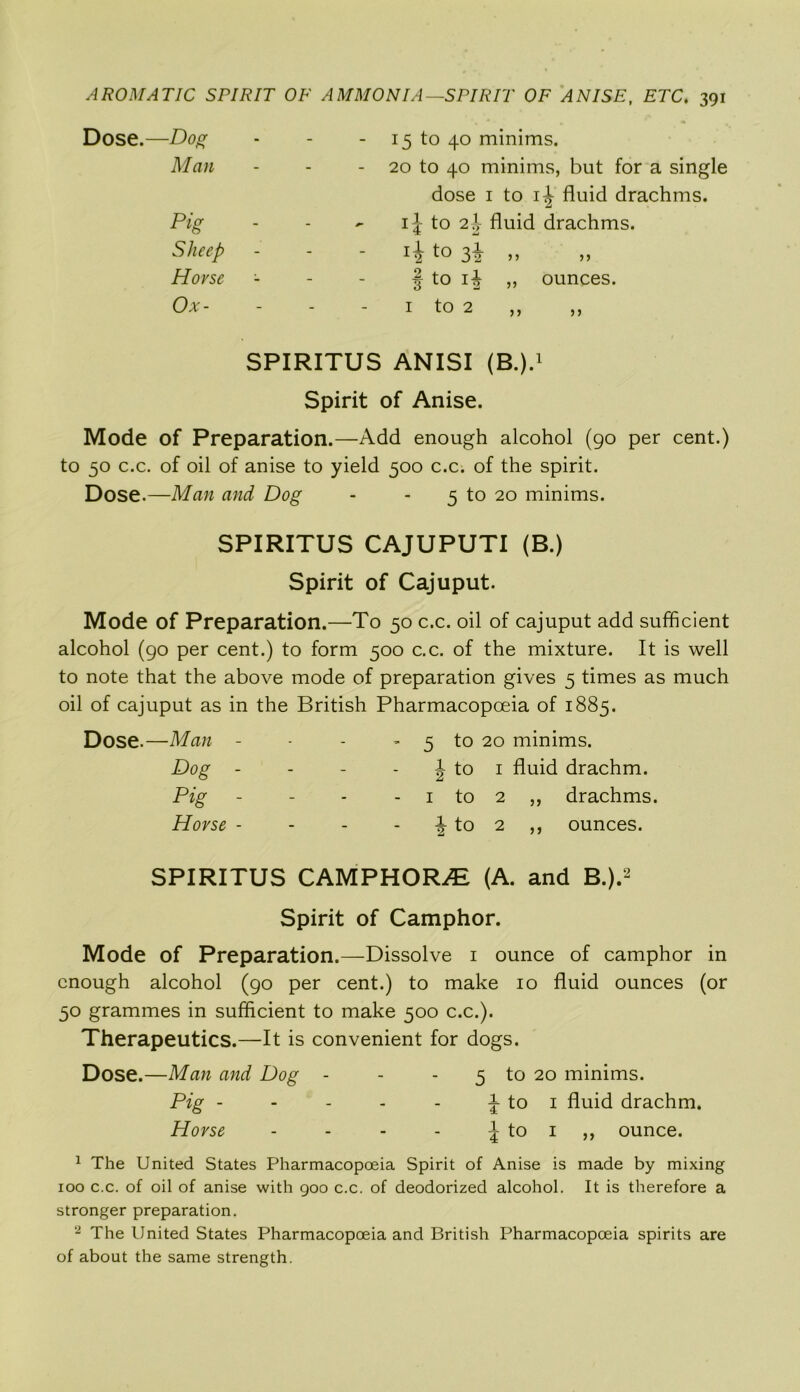 Dose.—Dog Man Pig Sheep Horse Ox- 15 to 40 minims. - 20 to 40 minims, but for a single dose 1 to i| fluid drachms. - ij to 2% fluid drachms. 12 t0 3i » § to 1^ ,, ounces. SPIRITUS ANISI (B.).1 Spirit of Anise. Mode of Preparation.—Add enough alcohol (go per cent.) to 50 c.c. of oil of anise to yield 500 c.c. of the spirit. Dose.—Man and Dog - - 5 to 20 minims. SPIRITUS CAJUPUTI (B.) Spirit of Cajuput. Mode of Preparation.—To 50 c.c. oil of cajuput add sufficient alcohol (90 per cent.) to form 500 c.c. of the mixture. It is well to note that the above mode of preparation gives 5 times as much oil of cajuput as in the British Pharmacopoeia of 1885. Dose.—Man - ■ - ’ 5 to 20 minims. Dog - - - J to 1 fluid drachm. Pig - - - - 1 to 2 ,, drachms Horse - - - i to 2 ,, ounces. SPIRITUS CAMPHORS (A. and B.).2 Spirit of Camphor. Mode of Preparation.—Dissolve 1 ounce of camphor in enough alcohol (90 per cent.) to make 10 fluid ounces (or 50 grammes in sufficient to make 500 c.c.). Therapeutics.—It is convenient for dogs. Dose.—Man and Dog - - - 5 to 20 minims. Pig - - - - - ^ to 1 fluid drachm. Horse - - - - | to 1 „ ounce. 1 The United States Pharmacopoeia Spirit of Anise is made by mixing 100 c.c. of oil of anise with 900 c.c. of deodorized alcohol. It is therefore a stronger preparation. 2 The United States Pharmacopoeia and British Pharmacopoeia spirits are of about the same strength.