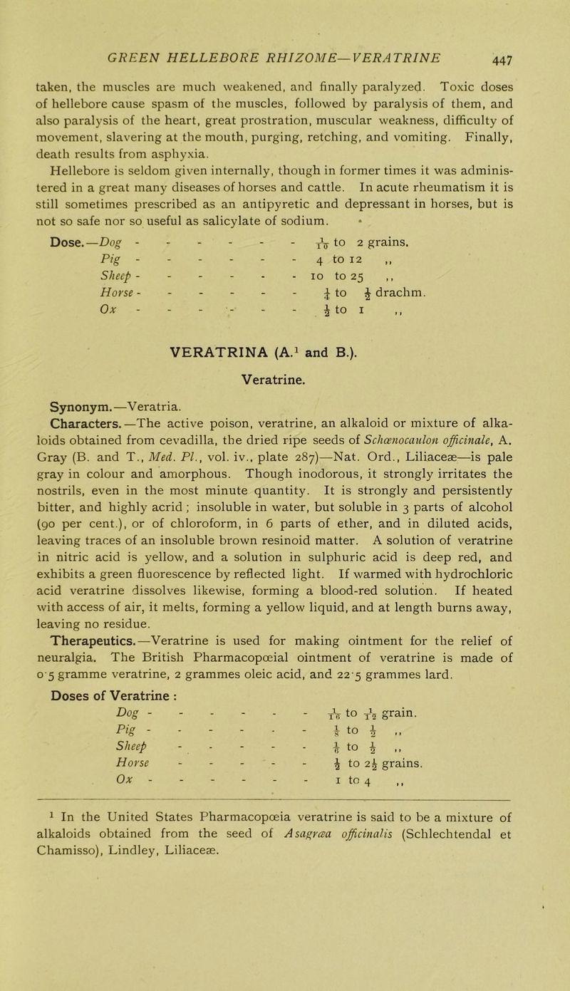 GREEN HELLEBORE RHIZOME— VERATRINE taken, the muscles are much weakened, and finally paralyzed. Toxic doses of hellebore cause spasm of the muscles, followed by paralysis of them, and also paralysis of the heart, great prostration, muscular weakness, difficulty of movement, slavering at the mouth, purging, retching, and vomiting. Finally, death results from asphyxia. Hellebore is seldom given internally, though in former times it was adminis- tered in a great many diseases of horses and cattle. In acute rheumatism it is still sometimes prescribed as an antipyretic and depressant in horses, but is not so safe nor so useful as salicylate of sodium. Dose.—Dog ----- TV to 2 grains. Pig - 4 to 12 Sheep ----- - 10 to 25 Horse ^ to £ drachm Ox ----- | to 1 VERATRINA (A.1 and B.). Veratrine. Synonym.—Veratria. Characters.—The active poison, veratrine, an alkaloid or mixture of alka- loids obtained from cevadilla, the dried ripe seeds of Schcenocaulon officinale, A. Gray (B. and T., Med. PL, vol. iv.. plate 287)—Nat. Ord., Liliaceae—is pale gray in colour and amorphous. Though inodorous, it strongly irritates the nostrils, even in the most minute quantity. It is strongly and persistently bitter, and highly acrid ; insoluble in water, but soluble in 3 parts of alcohol (90 per cent.), or of chloroform, in 6 parts of ether, and in diluted acids, leaving traces of an insoluble brown resinoid matter. A solution of veratrine in nitric acid is yellow, and a solution in sulphuric acid is deep red, and exhibits a green fluorescence by reflected light. If warmed with hydrochloric acid veratrine dissolves likewise, forming a blood-red solution. If heated with access of air, it melts, forming a yellow liquid, and at length burns away, leaving no residue. Therapeutics.—Veratrine is used for making ointment for the relief of neuralgia. The British Pharmacopoeial ointment of veratrine is made of 0 5 gramme veratrine, 2 grammes oleic acid, and 22 5 grammes lard. Doses of Veratrine : Dog - - - - - tV to T\ grain. Pig - - - - - i? to tj ,, Sheep - - - - 1 to ^ ,, Horse - - - - 2 to 2^ grains. Ox - - - - 1 to 4 1 In the United States Pharmacopoeia veratrine is said to be a mixture of alkaloids obtained from the seed of Asagrcea officinalis (Schlechtendal et Chamisso), Lindley, Liliaceae.