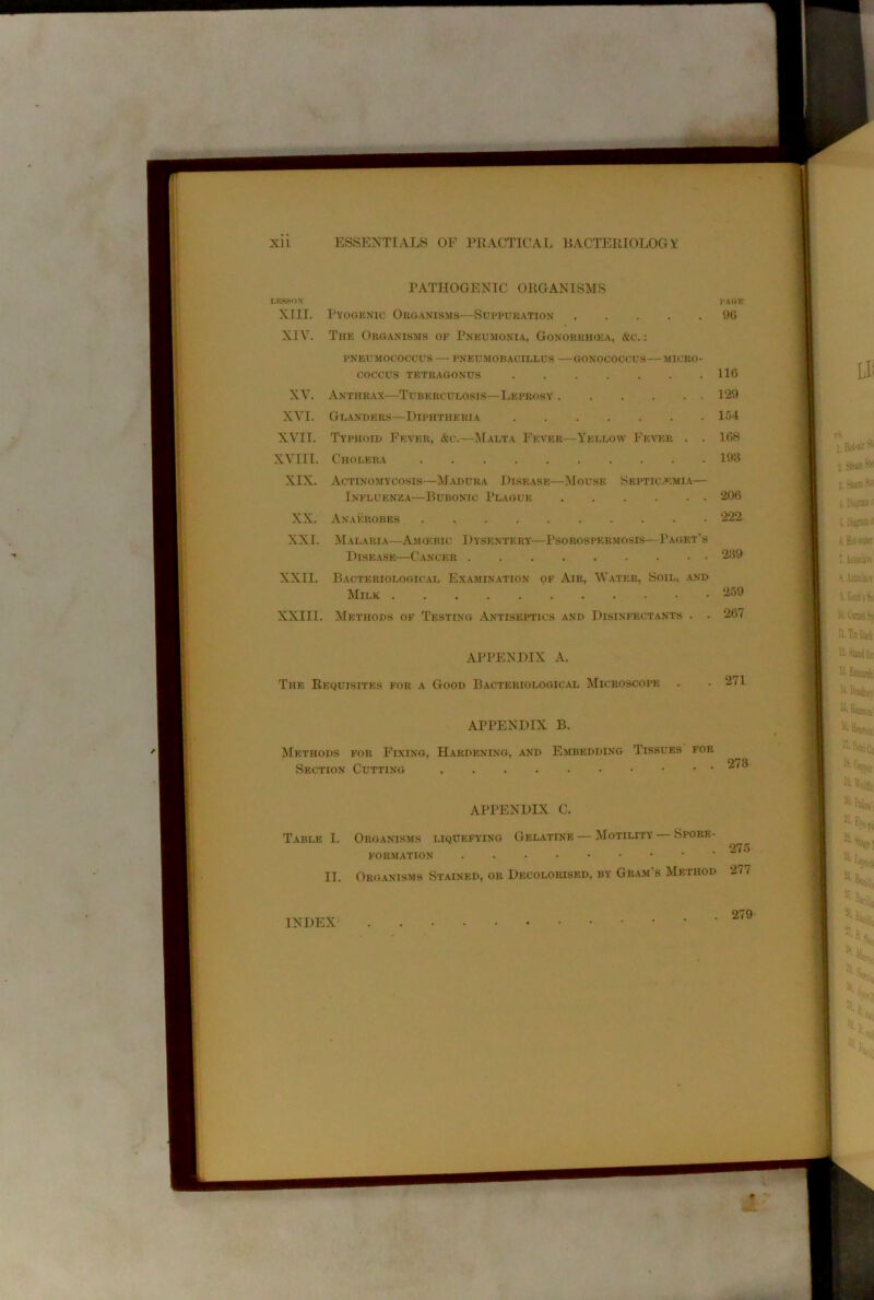 PATHOGENIC ORGANISMS LKSHO.V I-A.GK XIII. Pyogenic Organisms—Suppuration 9G I XIV. The Organisms of Pneumonia, Gonorrhoea, &c. : PNEUMOCOCCUS — PNEUMOBACILLUS —GONOCOCCUS — MICRO- COCCUS TETRAGONUS 116 XV. Anthrax—Tuberculosis—Leprosy 129 XVI. Glanders—Diphtheria 164 XVII. Typhoid Fever, &c.—Malta Fever—Yellow Ffat-r . . 168 XVIII. Cholera 193 XIX. Actinomycosis—Madura Disease—Mouse Septic.emia— Influenza—Bubonic Plague 206 XX. Anaerobes 222 XXI. Malari.v—AMa^BIc Dysentery—Psorospermosis—Paget’s Disease—Cancer 239 XXII. Bacteriologic.al Examination of Air, Water, Soil, and Milk 2.59 XXIII. Methods of Testing Antiseptics and Disinfectants . . 267 APPENDIX A. The Requisites for a Good Bacteriological Microscope . . 271 APPENDIX B. JIethods for Fixing, Hardening, and Embedding Tissues foe Section Cutting ^ APPENDIX C. Table I. Organisms liquefying Gelatine — Motility — Spore- . 27.5 formation II. Organisms Stained, or Decolorised, by Gram’s Method 277 INDEX' . 279