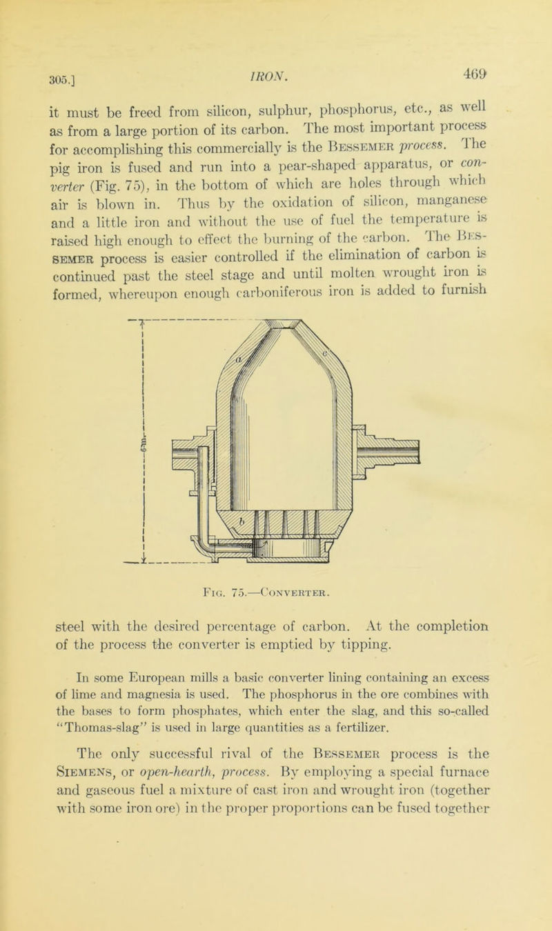 305.] it must be freed from silicon, sulphur, phosphorus, etc., as ^^ell as from a large portion of its carbon. Ihe most important process for accomplishing this commercially is the Bessemer process. 1 he pig iron is fused and run into a pear-shaped apparatus, or con- verter (Fig. 75), in the bottom of which are holes through which air is blown in. Thus by the oxidation of silicon, manganese and a little iron and without the use of fuel the temperatine is raised high enough to effect the Inirning of the carbon, ihe Jii.s- SEMER process is easier controlled if the elunination of carbon is continued past the steel stage and until molten wrought iion is formed, whereupon enough carl)oniferous iron is added to furnish Fic. 7.5.—Converter. steel with the desired percentage of carbon. At the completion of the process the converter is emptied by tipping. In some European mills a basic converter lining containing an excess of lime and magnesia is used. The phosj)horus in the ore combines with the bases to form phosphates, which enter the slag, and this so-called “Thomas-slag” is used in large quantities as a fertilizer. The only successful rival of the Bessemer process is the Siemens, or open-hearth, process. By employing a special furnace and gaseous fuel a mixture of cast iron and wrought iron (together with some iron ore) in the proper pro])ortions can be fused together