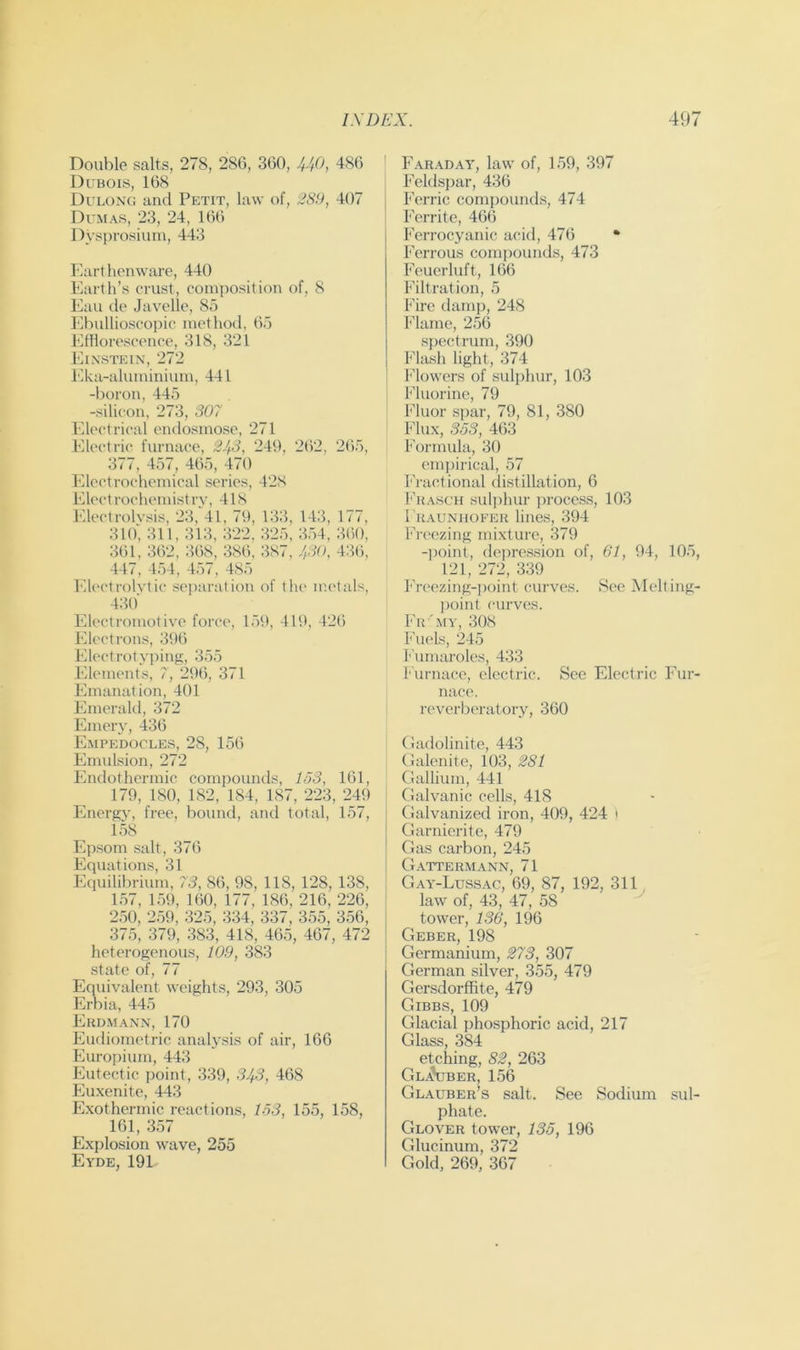 Double salts, 278, 286, 360, 4V->, 486 Dubois, 168 Dulong and Petit, law of, 28.9, 407 Dumas, 23, 24, 166 Dysprosium, 443 Earthenware, 440 Earth’s crust, composition of, 8 Eau de Javelle, 85 Ebullioscopic method, 65 Efflorescence, 318, 321 Einstein, 272 I'lka-aluminium, 441 -boron, 445 -silicon, 273, 307 Electrical endosmose, 271 Electric furnace, 243, 249, 262, 265, Sit, 451, 46o, 4/0 Electrochemical series, 42S Elect rochemistry, 418 hllectrolvsis, 23, 41, 79, 133, 143, 177, 310'; 311, 313, 322, 325, 3.54, 360, 361, 362, 368, 386, 3S7, 430, 436, 447, 454, 457, 485 Electrolytic se])aration of the metals, 430' Electromotive force, 1.59, 419, 426 Electrons, 396 Electrotyping, 3.55 Elements, ?, 296, 371 Emanation, 401 Emerald, 372 Emery, 436 Empedocles, 28, 156 Emulsion, 272 Endothermic compounds, 153, 161, 179, 180, 182, 184, 187, 223, 249 Energy, free, bound, and total, 157, 1.58 Epsom salt, 376 Equations, 31 Equilibrium, 73, 86, 98, 118, 128, 138, 157, 1.59, 160, 177, 186, 216, 226, 2.50, 2.59, 325, 334, 337, 355, 356, 375, 379, .383, 418, 465, 467, 472 heterogenous, 109, 383 state of, 77 Equivalent weights, 293, .305 Erbia, 445 Ekumann, 170 Eudiometric anah'sis of air, 166 Europium, 443 Eutectic point, 339, 343, 468 Euxenite, 44.3 Exothermic reactions, 153, 155, 158, 161, .357 Explosion wave, 255 Eyde, 191 Faraday, law of, 1.59, 397 Feldsjiar, 436 ' Ferric compounds, 474 Ferrite, 466 Ferrocyanic acid, 476 • Ferrous comjiounds, 473 Feuerluft, 166 Filtration, .5 Fii'e dami), 248 Flame, 2.56 sjiectrum, 390 Flash light, 374 Flowers of sulphur, 103 j Fluorine, 79 Fluor spar, 79, 81, 380 ■ Flux, 353, 463 I'ormula, 30 emjiirical, 57 Fractional distillation, 6 I'diASCH sulphur jirocess, 103 1'kaunhoeer lines, 394 Fri'ezing mixture, 379 -])oint, de]ires.sion of, 61, 94, 105, 121, 272, 339 Freezing-])oint curves. See Melting- point curves. Fit'my, 308 I'uels, 245 Fumaroles, 433 f urnace, electric. See Electric Fur- nace. reverberatory, 360 Gadolinite, 443 Galenite, 103, 281 Gallium, 441 Galvanic cells, 418 Galvanized iron, 409, 424 i Garnierite, 479 Gas carbon, 245 Gattermann, 71 Gay-Luss.ac, 69, 87, 192, 311 law of, 43, 47, .58 tower, 136, 196 Geber, 198 Germanium, 273, 307 German silver, 355, 479 Gersdorffite, 479 Gibbs, 109 Glacial phosphoric acid, 217 Glass, 384 etching, 82, 263 GlAjber, 156 Glauber’s salt. See Sodium sul- phate. Glover tower, 135, 196 Glucinum, 372 Gold, 269, 367