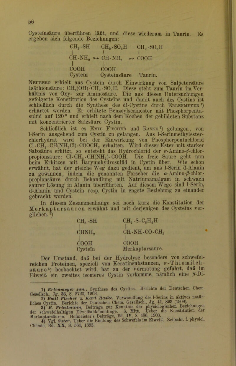 Cysteinsäure überführen läßt, und diese wiederum in Taurin. Es ergeben sich folgende Beziehungen: CH... SH CHo.SO^H 1 CH2.SO3H 1 CH. NH, CH.NH.2 1 COOH I COOH 1 COOH Cystein Cysteinsäure Taurin. Neuberg erhielt aus Cystein durch Einwirkung von Salpetersäure Isäthionsäure: CH2(0H)-CH2*S03H. Diese steht zum Taurin im Ver- hältnis von Oxy- zur Aminosäure. Die aus diesen Untersuchungen gefolgerte Konstitution des Cyste'ins und damit auch des Cystins ist schließlich durcli die Synthese des dl-Cystins durch Erlenmeyee erhärtet worden. Er erhitzte Benzoylserinester mit Phosphorpenta- sulfid auf 120 ® und erhielt nach dem Kochen der gebildeten Substanz mit konzentrierter Salzsäure Cystin. Schließlich ist es Emil Fischer und Baske -) gelungen, von 1-Serin ausgehend zum Cystin zu gelangen. Aus 1-Serinmethylester- chlorhydrat wird bei der Einwirkung von Phosphorpentachlorid CI • CH2 • CH(NHgCl) • COOCH3 erhalten. Wird dieser Ester mit starker Salzsäure erhitzt, so entsteht das Hydrochlorid der a-Amino-i?-chlor- propionsäure: Cl-CH.^ •CH(NH,)-COOH. Die freie Säure geht nun beim Erhitzen mit Baryumhydrosulfid in Cystin über. Wie schon erwähnt, hat der gleiche Weg dazu gedient, um aus 1-Serin d-Alanin zu gewinnen, indem die genannten Forscher die a-Amino-/?-chlor- propionsäure durch Behandlung mit Natriumamalgam in schwach saurer Lösung in Alanin überführten. Auf diesem AVege sind 1-Serin, d-Alanin und Cystein resp. Cystin in engste Beziehung zu einander gebracht worden. ln diesem Zusammenhänge sei noch kurz die Konstitution der Merkaptursäuren erwähnt und mit derjenigen des Cyste’ins ver- glichen. CH«. SH CH2-S.CoH,H 1 CHNH2 1 CH. NH. CO. CH« 1 COOH 1 COOH Cystein Merkaptursäure. Der Umstand, daß bei der Hydrolyse besonders von schwefel- reichen Proteinen, speziell von Keratinsubstanzen, a-Thiomilch- säure*) beobachtet wird, hat zu der Vermutung geführt, daß im Eiweiß ein zweites isomeres Cystin vorkomme, nämlich eine /if-Di- 1) Erlenmeyer Jun., Synthese des Cystins. Berichte der Deutschen Chem. GeseUsch., Jg. 36, S. 2720, 1903. . , o • • , 2) Emil Fischer u. Karl Baslce, Verwandlung des 1-Serins in aktives natür- liches Cystin. Berichte der Deutschen Chem. Gesellsch., Jg. 41, 893 (1908)._ 3) E. Friedmann, Beiträge zur Kenntnis der physiologischen Beziehungen der schwefelhaltigen Eiweißabkömmlinge. 3. Mitt. Ueber die Konstitution der Merkaptursäuren. Hofmeister’s Beiträge, Bd. IV, S. 486, 1903. „ t u • 1 4) Vgl Suter, Ueber die Bindung des Schwefels im Eiweiß. Zeitschr. f. physiol. Chemie, Bd. XX, S. 564, 1895.