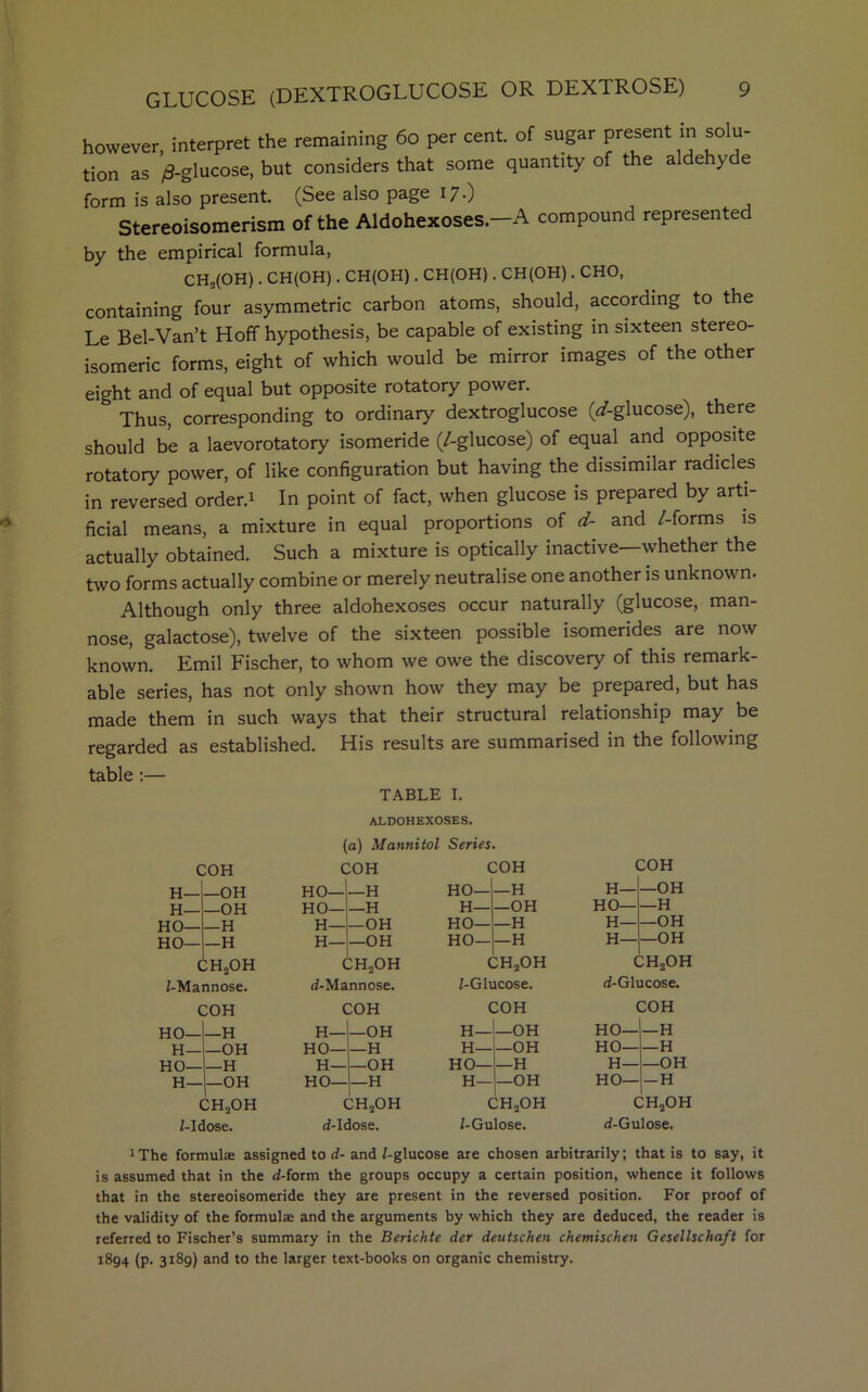 however, interpret the remaining 60 per cent, of sugar P^ent m solu- tion as /3-glucose, but considers that some quantity of the aide y e form is also present. (See also page 17.) Stereoisomerism of the Aldohexoses — A compound represented by the empirical formula, CH2(OH). CH(OH). CH(OH). CH(OH). CH(OH). CHO, containing four asymmetric carbon atoms, should, according to the Le Bel-Van’t Hoff hypothesis, be capable of existing in sixteen stereo- isomeric forms, eight of which would be mirror images of the other eight and of equal but opposite rotatory power. Thus, corresponding to ordinary dextroglucose (^-glucose), there should be a laevorotatory isomeride (/-glucose) of equal and opposite rotatory power, of like configuration but having the dissimilar radicles in reversed order.1 In point of fact, when glucose is prepared by arti- ficial means, a mixture in equal proportions of d- and /-forms is actually obtained. Such a mixture is optically inactive—whether the two forms actually combine or merely neutralise one another is unknown. Although only three aldohexoses occur naturally (glucose, man- nose, galactose), twelve of the sixteen possible isomerides are now known. Emil Fischer, to whom we owe the discovery of this remark- able series, has not only shown how they may be prepared, but has made them in such ways that their structural relationship may be regarded as established. His results are summarised in the following table :— TABLE I. H- H— HO— HO— COH —OH —OH —H —H CH2OH Z-Mannose. COH HO— H— HO— H— —H —OH —H —OH CH2OH Z-Idose. ALDOHEXOSES. (a) Mannitol Series. COH HO- HO— H- H— —H —H —OH —OH CH2OH d-Mannose. COH H— HO H— HO— —OH H —OH —H CH2OH (Z-Idose. HO— H— HO— HO COH —H OH —H —H CH2OH Z-Glucose. COH H— H— HO— H— —OH —OH —H —OH CH2OH Z-Gulose. COH H— HO— H— H— —OH —H —OH —OH CH2OH d-Glucose. COH HO— HO— H HO— H —H —OH H CH2OH (Z-Gulose. xThe formulae assigned to d- and Z-glucose are chosen arbitrarily; that is to say, it is assumed that in the (Z-form the groups occupy a certain position, whence it follows that in the stereoisomeride they are present in the reversed position. For proof of the validity of the formulae and the arguments by which they are deduced, the reader is referred to Fischer’s summary in the Berichte der deutschen chemischen Gesellscha/t for 1894 (p. 3189) and to the larger text-books on organic chemistry.