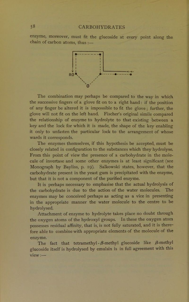 enzyme, moreover, must fit the glucoside at every point along the chain of carbon atoms, thus :— The combination may perhaps be compared to the way in which the successive fingers of a glove fit on to a right hand: if the position of any finger be altered it is impossible to fit the glove; further, the glove will not fit on the left hand. Fischer’s original simile compared the relationship of enzyme to hydrolyte to that existing between a key and the lock for which it is made, the shape of the key enabling it only to unfasten the particular lock to the arrangement of whose wards it corresponds. The enzymes themselves, if this hypothesis be accepted, must be closely related in configuration to the substances which they hydrolyse. From this point of view the presence of a carbohydrate in the mole- cule of invertase and some other enzymes is at least significant (see Monograph by Bayliss, p. 19). Salkowski states, however, that the carbohydrate present in the yeast gum is precipitated with the enzyme, but that it is not a component of the purified enzyme. It is perhaps necessary to emphasise that the actual hydrolysis of the carbohydrate is due to the action of the water molecules. The enzymes may be conceived perhaps as acting as a vice in presenting in the appropriate manner the water molecule to the centre to be hydrolysed. Attachment of enzyme to hydrolyte takes place no doubt through the oxygen atoms of the hydroxyl groups. In these the oxygen atom possesses residual affinity, that is, is not fully saturated, and it is there- fore able to combine with appropriate elements of the molecule of the enzyme. The fact that tetramethyl - /S-methyl glucoside like ^-methyl glucoside itself is hydrolysed by emulsin is in full agreement with this view:—