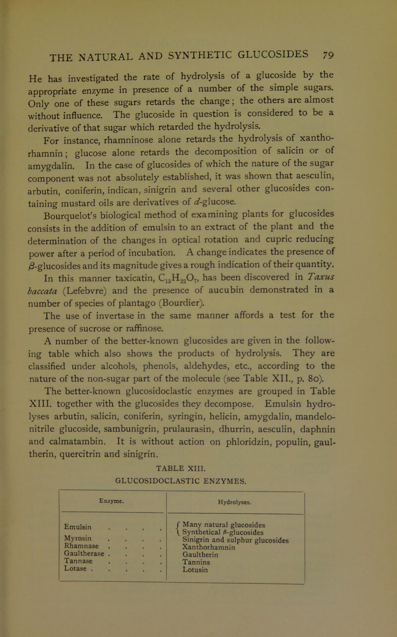 He has investigated the rate of hydrolysis of a glucoside by the appropriate enzyme in presence of a number of the simple sugars. Only one of these sugars retards the change; the others are almost without influence. The glucoside in question is considered to be a derivative of that sugar which retarded the hydrolysis. For instance, rhamninose alone retards the hydrolysis of xantho- rhamnin; glucose alone retards the decomposition of salicin or of amygdalin. In the case of glucosides of which the nature of the sugar component was not absolutely established, it was shown that aesculin, arbutin, coniferin, indican, sinigrin and several other glucosides con- taining mustard oils are derivatives of ^-glucose. Bourquelot’s biological method of examining plants for glucosides consists in the addition of emulsin to an extract of the plant and the determination of the changes in optical rotation and cupric reducing power after a period of incubation. A change indicates the presence of /3-glucosides and its magnitude gives a rough indication of their quantity. In this manner taxicatin, C13H2207, has been discovered in Taxus baccata (Lefebvre) and the presence of aucubin demonstrated in a number of species of plantago (Bourdier). The use of invertase in the same manner affords a test for the presence of sucrose or raffinose. A number of the better-known glucosides are given in the follow- ing table which also shows the products of hydrolysis. They are classified under alcohols, phenols, aldehydes, etc., according to the nature of the non-sugar part of the molecule (see Table XII., p. 80). The better-known glucosidoclastic enzymes are grouped in Table XIII. together with the glucosides they decompose. Emulsin hydro- lyses arbutin, salicin, coniferin, syringin, helicin, amygdalin, mandelo- nitrile glucoside, sambunigrin, prulaurasin, dhurrin, aesculin, daphnin and calmatambin. It is without action on phloridzin, populin, gaul- therin, quercitrin and sinigrin. TABLE XIII. GLUCOSIDOCLASTIC ENZYMES. Enzyme. Hydrolyses. Emulsin / Many natural glucosides \ Synthetical ^-glucosides Myrosin .... Sinigrin and sulphur glucosides Rhamnase .... Xanthorhamnin Gaultherase .... Gaultherin Tannase .... Tannins Lotase Lotusin