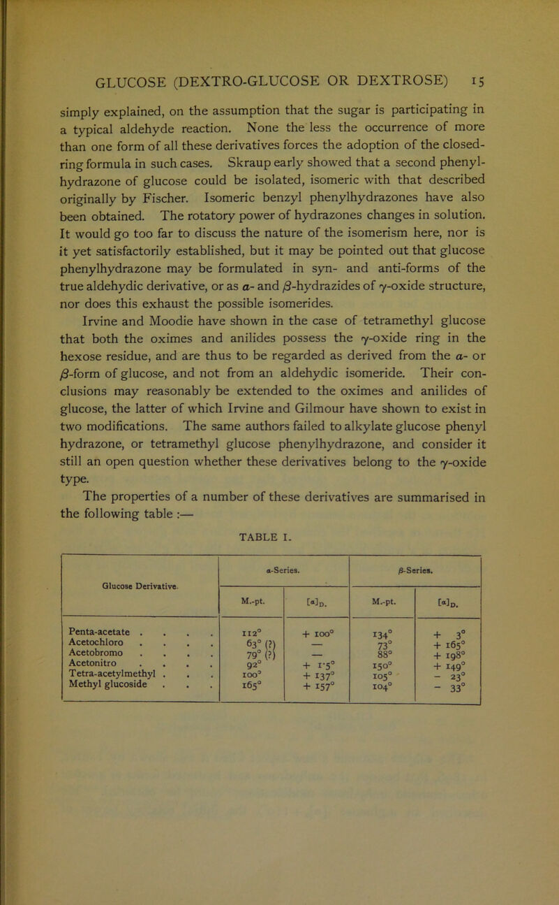 simply explained, on the assumption that the sugar is participating in a typical aldehyde reaction. None the less the occurrence of more than one form of all these derivatives forces the adoption of the closed- ring formula in such cases. Skraup early showed that a second phenyl- hydrazone of glucose could be isolated, isomeric with that described originally by Fischer. Isomeric benzyl phenylhydrazones have also been obtained. The rotatory power of hydrazones changes in solution. It would go too far to discuss the nature of the isomerism here, nor is it yet satisfactorily established, but it may be pointed out that glucose phenylhydrazone may be formulated in syn- and anti-forms of the true aldehydic derivative, or as a- and /3-hydrazides of 7-oxide structure, nor does this exhaust the possible isomerides. Irvine and Moodie have shown in the case of tetramethyl glucose that both the oximes and anilides possess the 7-oxide ring in the hexose residue, and are thus to be regarded as derived from the a- or /3-form of glucose, and not from an aldehydic isomeride. Their con- clusions may reasonably be extended to the oximes and anilides of glucose, the latter of which Irvine and Gilmour have shown to exist in two modifications. The same authors failed to alkylate glucose phenyl hydrazone, or tetramethyl glucose phenylhydrazone, and consider it still an open question whether these derivatives belong to the 7-oxide type. The properties of a number of these derivatives are summarised in the following table :— TABLE I.