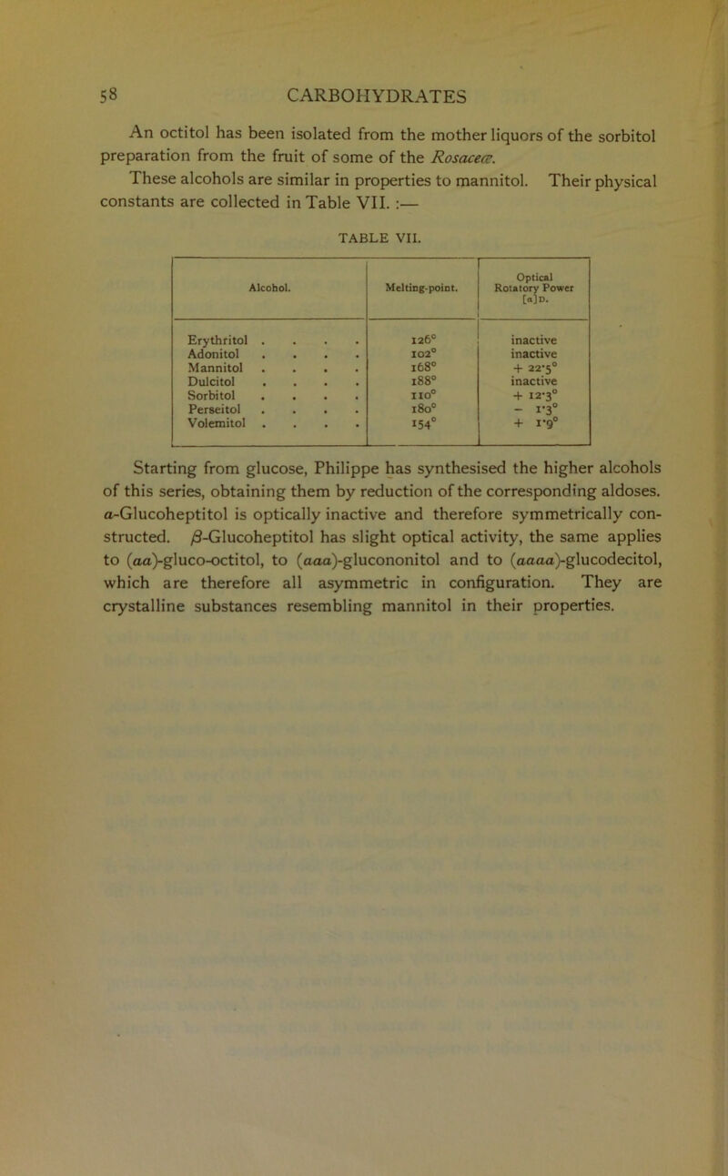 An octitol has been isolated from the mother liquors of the sorbitol preparation from the fruit of some of the Rosacea. These alcohols are similar in properties to mannitol. Their physical constants are collected in Table VII. :— TABLE VII. Alcohol. Melting-point. Optical Rotatory Power [a]D. Erythritol .... 126° inactive Adonitol .... 102° inactive Mannitol .... 168° + 22-5° Dulcitol .... 188° inactive Sorbitol .... no0 + 12-3° Perseitol .... i8o° - i’3° Volemitol .... 154° + 1-9° Starting from glucose, Philippe has synthesised the higher alcohols of this series, obtaining them by reduction of the corresponding aldoses. a-Glucoheptitol is optically inactive and therefore symmetrically con- structed. /3-Glucoheptitol has slight optical activity, the same applies to (aa)-gluco-octitol, to (aaa)-glucononitol and to (aaaa)-glucodecitol, which are therefore all asymmetric in configuration. They are crystalline substances resembling mannitol in their properties.