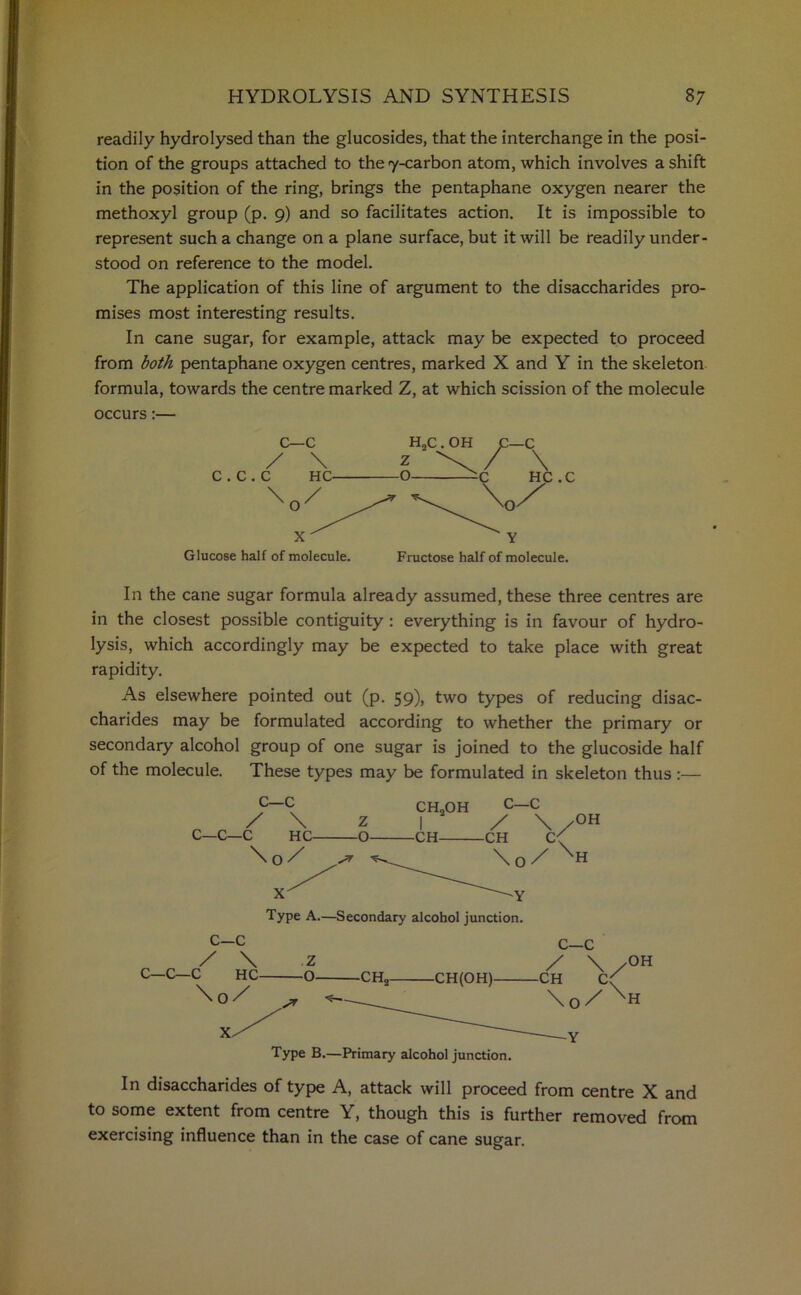 readily hydrolysed than the glucosides, that the interchange in the posi- tion of the groups attached to the 7-carbon atom, which involves a shift in the position of the ring, brings the pentaphane oxygen nearer the methoxyl group (p. 9) and so facilitates action. It is impossible to represent such a change on a plane surface, but it will be readily under- stood on reference to the model. The application of this line of argument to the disaccharides pro- mises most interesting results. In cane sugar, for example, attack may be expected to proceed from both pentaphane oxygen centres, marked X and Y in the skeleton formula, towards the centre marked Z, at which scission of the molecule occurs:— Glucose half of molecule. Fructose half of molecule. In the cane sugar formula already assumed, these three centres are in the closest possible contiguity : everything is in favour of hydro- lysis, which accordingly may be expected to take place with great rapidity. As elsewhere pointed out (p. 59), two types of reducing disac- charides may be formulated according to whether the primary or secondary alcohol group of one sugar is joined to the glucoside half of the molecule. These types may be formulated in skeleton thus :— Type A.—Secondary alcohol junction. OH Type B.—Primary alcohol junction. In disaccharides of type A, attack will proceed from centre X and to some extent from centre Y, though this is further removed from exercising influence than in the case of cane sugar.