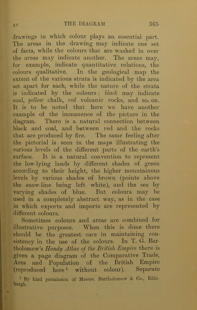 drawings in which colour plays an essential part. The areas in the drawing may indicate one set of facts, while the colours that are washed in over the areas may indicate another. The areas may, for example, indicate quantitative relations, the colours qualitative. In the geological map the extent of the various strata is indicated by the area set apart for each, while the nature of the strata is indicated by the colours : black may indicate coal, yellow chalk, red volcanic rocks, and so. on. It is to be noted that here we have another example of the immanence of the picture in the diagram. There is a natural connection between black and coal, and between red and the rocks that are produced by fire. The same feeling after the pictorial is seen in the maps illustrating the various levels of the different parts of the earth’s surface. It is a natural convention to represent the low-lying lands by different shades of green according to their height, the higher mountainous levels by various shades of brown (points above the snow-line being left white), and the sea by varying shades of blue. But colours may be used in a completely abstract way, as in the case in which exports and imports are represented by different colours. Sometimes colours and areas are combined for illustrative purposes. When this is done there should be the greatest care in maintaining con- sistency in the use of the colours. In T. G. Bar- tholomew’s Handy Atlas of the British Empire there is given a page diagram of the Comparative Trade, Area and Population of the British Empire (reproduced here1 without colour). Separate 1 By kind permission of Messrs. Bartholomew & Co., Edin- burgh.
