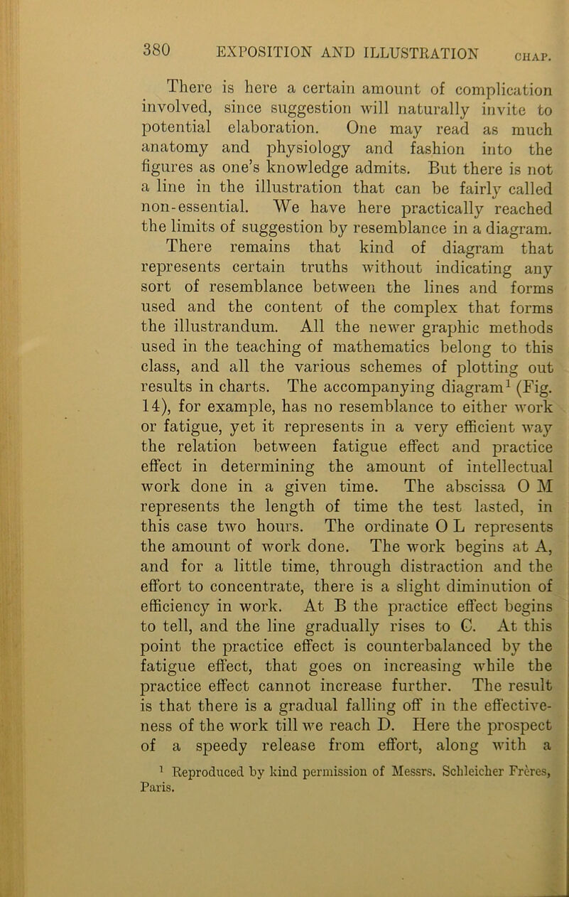 CHAP. There is here a certain amount of complication involved, since suggestion will naturally invite to potential elaboration. One may read as much anatomy and physiology and fashion into the figures as one’s knowledge admits. But there is not a line in the illustration that can be fairly called non-essential. We have here practically reached the limits of suggestion by resemblance in a diagram. There remains that kind of diagram that represents certain truths without indicating any sort of resemblance between the lines and forms used and the content of the complex that forms the illustrandum. All the newer graphic methods used in the teaching of mathematics belong to this class, and all the various schemes of plotting out results in charts. The accompanying diagram1 (Fig. 14), for example, has no resemblance to either work or fatigue, yet it represents in a very efficient way the relation between fatigue effect and practice effect in determining the amount of intellectual work done in a given time. The abscissa O M represents the length of time the test lasted, in this case two hours. The ordinate 0 L represents the amount of work done. The work begins at A, and for a little time, through distraction and the effort to concentrate, there is a slight diminution of efficiency in work. At B the practice effect begins to tell, and the line gradually rises to G. At this point the practice effect is counterbalanced by the fatigue effect, that goes on increasing while the practice effect cannot increase further. The result is that there is a gradual falling off in the effective- ness of the work till we reach D. Here the prospect of a speedy release from effort, along with a 1 ReprochicecI by kind permission of Messrs. Sclileiclier Freres, Paris.