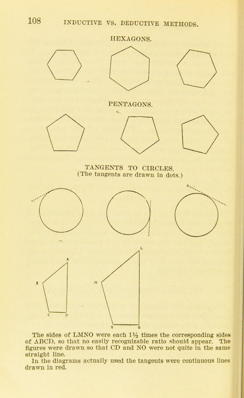 HEXAGONS. PENTAGONS. A The sides of LMNO were each 1% times the corresponding sides of ABCD, so that no easily recognizable ratio should appear. The figures were drawn so that CD and NO were not quite in the same straight line. In the diagrams actually used the tangents were continuous lines drawn in red.