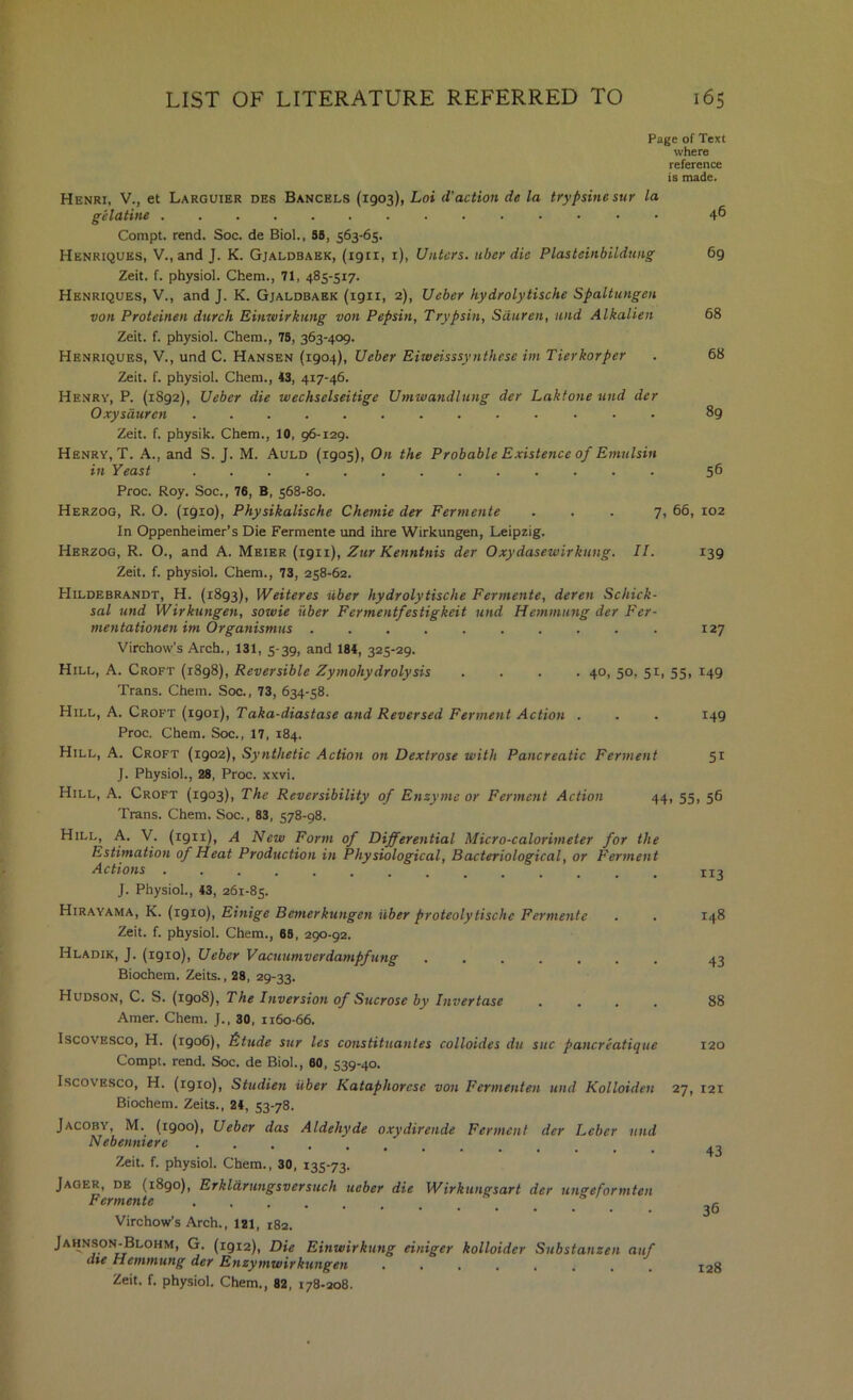 Page of Text where reference is made. Henri, V., et Larguier des Bancels (1903), Lot d'action de la trypsinesur la gelatine .............. 4® Compt. rend. Soc. de Biol., 56, 563-65. Henriques, V., and J. K. Gjaldbaek, (1911, r), Uiitcrs. ubey die Plasteinbildung 69 Zeit. f. physiol. Chem., 71, 485-517. Henriques, V., and J. K. Gjaldbaek (1911, 2), Ueber hydrolytische Spaltungen von Proteinen durch Einwirkung von Pepsin, Trypsin, Sauren, und Alkalien 68 Zeit. f. physiol. Chem., 78, 363-409. Henriques, V., und C. Hansen (1904), Ueber Eiweisssy71 these wt Tierkorper . 68 Zeit. f. physiol. Chem., 43, 417-46. Henry, P. (1892), Ueber die wechselseitige U/7iwa7idiii)ig der Laktone und der Oxysauren ............. 89 Zeit. f. physik. Chem., 10, 96-129. Henry, T. A., and S. J. M. Auld (1905), On the Probable Existence of Emnlsin in Yeast ............. 56 Proc. Roy. Soc., 76, B, 568-80. Herzog, R. O. (1910), Physikalische Che7nie der Fertftente ... 7, 66, 102 In Oppenheimer’s Die Fermente und ihre Wirkungen, Leipzig. Herzog, R. O., and A. Meier (igii), Z7tr Kennt/iis der Oxydasewirkang. II. 139 Zeit. f. physiol. Chem., 73, 258-62. Hildebrandt, H. (1893), Weiteres iiber hydrolytische Fer7nente, dereji Schick- sal U7id Wirku7igen, sowie uber Fertneyitfestigkeit 7md Hem77tti7ig der Fer- meyitationen it)i Organismus .......... 127 Virchow's Arch., 131, 5-39, and 184, 325-29. Hill, A. Croft {1898), Reversible Zytnohydrolysis . . . -40, 50, 51, 55, 149 Trans. Chem. Soc., 73, 634-58. Hill, A. Croft (1901), Taka-diastase U7id Reversed Fermeiit Action . . . 149 Proc. Chem. Soc., 17, 184. Hill, A. Croft (1902), Sytithetic Action on Dextrose with Pancreatic Fer)ne7it 51 J. Physiol., 28, Proc. xxvi. Hill, A. Croft (1903), The Reversibility of E7izy))ie or Ferineyit Action 44, 55, 56 Trans. Chem. Soc., 83, 578-98. Hill, A. V. (1911), A New For)7i of Differential Micro-calorimeter for the Estimatio7i of Heat Productio/i i>i Physiological, Bacteriological, or Fert7ient Actions .............. 113 J. Physiol., 43, 261-85. Hirayama, K. (1910), Einige Bemerkuiigcfi iiber proteolytische Fermente . . 148 Zeit. f. physiol. Chem., 68, 290-92. Hladik, j. (1910), Ueber Vacuumverdampfttng 43 Biochem. Zeits., 28, 29-33. Hudson, C. S. (1908), The Iiiversioii of Sucrose by Itivertase .... 88 Amer. Chem. J., 30, 1160-66. IscovESCO, H. {1906), 6tude sur les constituantes colloides du sue pa/icreatique 120 Compt. rend. Soc. de Biol., 60, 539-40. IscovEsco, H. (igio), Studien iiber Kataphorese von Ferf/ienteti imd Kolloiden 27, 121 Biochem. Zeits., 24, 53-78. Jacoby, M. (1900), Ueber das Aldehyde oxydirende Fernie/tf der Ueber ii7id Nebe>miere *••••••• 4j Zeit. f. physiol. Chem., 30, 135-73. Jager, de (1890), Erkldru7igsversuch ueber die Wirku/igsart der U7igeformte/i Fermente .... 36 Virchow’s Arch., 121, 182. Jahnson-Blohm, G. {1912), Die Einwirktmg euiiger kolloider Substanzen anf dte Hent7nung der Efizymwirkunge/t ........ 128 Zeit. f. physiol. Chem., 82, 178-208.