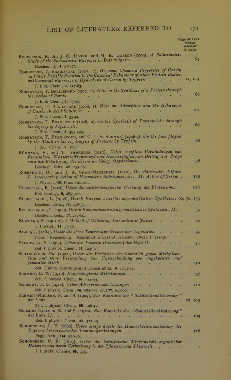 Page of Text where reference is made. Robertson, R. A., J. C. Irvine, and M. E. Dobson (1909), A Polarimetric Study of the Sucroclastic Enzymes in Beta vulgaris ..... 84 Biochem. J., 4, 258-73. Robertson, T. Brailsford (1907, i), 0« some Chemical Properties of Casein and their Possible Relation to the Chemical Behaviour of other Protein Bodies, with especial Reference to Hydrolysis of Casein by Trypsin .... i5> ^^4 J. Biol. Chem., 2, 317-83. Robertson, T. Brailsford (1907, 2), Note on the Synthesis of a Protein through the Action of Pepsin J. Biol. Chem., 3, 95-99. Robertson, T. Brailsford (1908, i). Note on Adsorption and the Behaviour of Casein in Acid Solutions .......... 104 J. Biol. Chem., 4, 35-44. Robertson, T. Brailsford (1908, 2), On the Synthesis of Paranuclein through the Agency of Pepsin, etc. J. Biol. Chem., 8, 393-523. Robertson, T, Brailsford, and C. L. A. Schmidt {190^9), On the part played by the Alkali in the Hydrolysis of Proteins by Trypsin 88 J. Biol. Chem., 8, 31-48. ROhmann, F., and T. Shmamine (1912), Ueber complexe Verbindungen von Ferrosalzen, Wasserstoffsuperoxyd und Eiweissstoffen, ein Beitrag zur Frage nach der Beteiligung des Eisens an biolog. Oxydationen . . . . . 138 Biochem. Zeits., 42, 235-49. Rosenheim, O., and J. A. Shaw-Mackenzie (1910), On Pancreatic Lipase. I. Accelerating Action of Hacmolytic Substances, etc. II. Action of Serum . 125 J. Physiol., 40, Proc. viii.-xiij. Rosenthal, E. (1910), Ueber die antiproteolytische Wirkung des Blutserums. 128 Fol. serolog., 6, 285-300. Rosenthaler, L. (1908), Durch Enzyme bewirkte asymmetrischen Synthesen. 60, 70, 153 Biochem. Zeits., 14, 238-53. Rosenthaler, L. (1909), Dtirch Enzyme bewirkte asymmetrischen Synthesen. II. 34 Biochem. Zeits., 17, 257-69. Rowland, S. (1901-2), A Method of Obtaining Intracellular f uices ... 40 J. Physiol., 27, 53-56. Sachs, ]. Ueber die obere Temperatur-Grenze der Vegetation ... 94 Flora. Regensburg. Reprinted in Gesamt. Abhand. (1892), 1, 111-36. SalkoWski, E. (1909), Ueber das Invertin (Invertase) der Hefe II. ... 33 Zeit. f. physiol. Chem., 61, 124-38. ScHARDiNGER, Fr. (1902), Ueber das Verhalten der Kuhmilch gegen Methylene- blau und seine Verwendung zur Unterscheidung von ungekochter und gekochter Milch 140 Zeit. Unters. Nahrungs-und Genussmittel., 8, 1113-21. Schmidt, E. W. (1910), Enzymologische Mitteilungen ...... 97 Zeit. f. physiol. Chem., 87, 314-23. Schmidt, G. C. (1910), Ueber Adsorption von Losungen ..... no Zeit. f. physik. Chem., 74, 689-737, and 77, 641-60. Schmidt-Nielsen, S. und S. (1909), Zur Kenntnis der “ Schuttelinaktivierung ” des Labs 26, 109 Zeit. f. physiol. Chem., 60, 426-42, Schmidt-Nielsen, S. and S. (1910), Zur Kenntnis der '^Schuttelinaktivierung des Labs. II. ............. 109 Zeit. f. physiol. Chem., 68, 317-43. Schoenbein, C. F. (1861), Ueber einige durch die Haarrohrchenanziehung des Papieres hervorgebrachte Trennungswirkungen ri8 Pogg. Ann., 114, 275-80. Schoenbein, C. F. (1863), Ueber die katalytische Wirksamkeit organischer Materien und deren Verbreitung in der PJlanzen-und Thierwelt ... i J. f. prakt. Chemie, 89, 323.