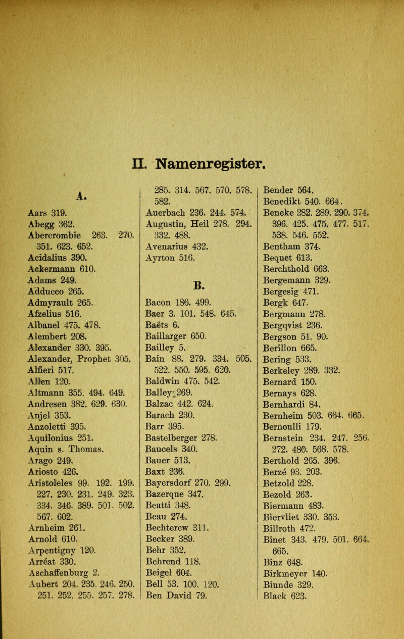 n. Namenregister, A. Aars 319. Abegg 362. Abercrombie 263. 270. 351. 623. 652. Acidalius 390. Ackermann 610. Adams 249. Adducco 265. Admyrault 265. Afizelius 516. Albanei 475. 478. Alembert 208. Alexander 330. 395. Alexander, Prophet 305. Alfieri 517. Allen 120. Altmann 355. 494. 649. Andresen 382. 629. 630. Anjel 353. Anzoletti 395. Aquilonius 251. Aquin s. Thomas. Arago 249. Ariosto 426. Aristoleles 99. 192. 199. 227. 230. 231. 249. 323. 334. 346. 389. 501. 502. 567. 602. Arnheim 261. Arnold 610. Arpentigny 120. Arreat 330. Aschaffenburg 2. Aubert 204. 235. 246. 250. 251. 252. 255. 257. 278. 285. 314. 567. 570. 578. 582. Auerbach 236. 244. 574. Augustin, Heil 278. 294. 332. 488. Avenarius 432. Ayrton 516. B. Bacon 186. 499. Baer 3. 101. 548. 645. Baets 6. Baillarger 650. Bailley 5. Bain 88. 279. 334. 505. 522. 550. 595. 620. Baldwin 475. 542. Balleyt269. Balzac 442. 624. Barach 230. Barr 395. Bastelberger 278. Baucels 340. Bauer 513. Baxt 236. Bayersdorf 270. 299. Bazerque 347. Beatti 348. Beau 274. Bechterew 311. Becker 389. Behr 352. Behrend 118. Beigel 604. Bell 53. 100. 120. Ben David 79. Bender 564. Benedikt 540. 664. Beneke 282. 289. 290. 374. 396. 425. 475. 477. 517. 538. 546. 552. Bentham 374. Bequet 613. Berchthold 663. Bergemann 329. Bergesig 471. Bergk 647. Bergmann 278. Bergqvist 236. Bergson 51. 90. Berillon 665. Bering 533. Berkeley 289. 332. Bernard 150. Bernays 628. Bernhard! 84. Bernheim 503. 664. 665. Bernoulli 179. Bernstein 234. 247. 256. 272. 480. 568. 578. Berthold 265. 396. Berze 93. 203. Betzold 228. Bezold 263. Biermann 483. Biervliet 330. 353. Billroth 472. Binet 343. 479. 501. 664. 665. Binz 648. Birkmeyer 140. Biunde 329. Black 623.