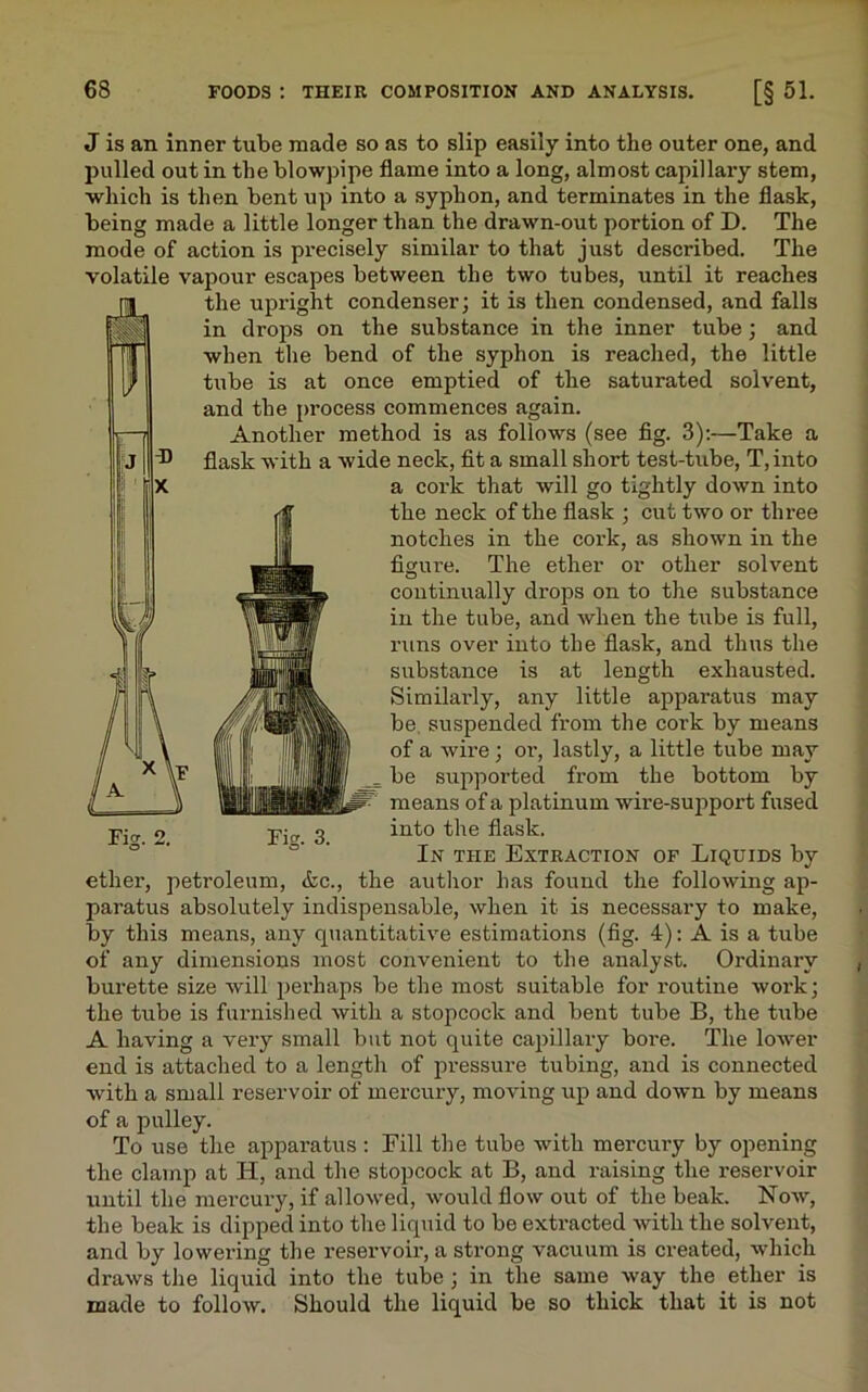 J is an inner tube made so as to slip easily into the outer one, and pulled out in the blowpipe flame into a long, almost capillary stem, which is then bent up into a syphon, and terminates in the flask, being made a little longer than the drawn-out portion of D. The mode of action is precisely similar to that just described. The volatile vapour escapes between the two tubes, until it reaches the upright condenser; it is then condensed, and falls in drops on the substance in the inner tube ; and when the bend of the syphon is reached, the little tube is at once emptied of the saturated solvent, and the process commences again. Another method is as follows (see fig. 3):—Take a flask with a wide neck, fit a small short test-tube, T,into a cork that will go tightly down into the neck of the flask ; cut two or three notches in the cork, as shown in the figure. The ether or other solvent continually drops on to the substance in the tube, and when the tube is full, runs over into the flask, and thus the substance is at length exhausted. Similarly, any little apparatus may be suspended from the cork by means of a wire; or, lastly, a little tube may be supported from the bottom by means of a platinum wire-support fused into the flask. In the Extraction of Liquids by ether, petroleum, etc., the author has found the following ap- paratus absolutely indispensable, when it is necessary to make, by this means, any quantitative estimations (fig. 4): A is a tube of any dimensions most convenient to the analyst. Ordinary burette size will perhaps be the most suitable for routine work; the tube is furnished with a stopcock and bent tube B, the tube A having a very small but not quite capillary bore. The lower end is attached to a length of pressure tubing, and is connected with a small reservoir of mercury, moving up and down by means of a pulley. To use the apparatus : Fill the tube with mercury by opening the clamp at H, and the stopcock at B, and raising the reservoir until the mercury, if allowed, would flow out of the beak. Now, the beak is dipped into the liquid to be extracted with the solvent, and by lowering the reservoir, a strong vacuum is created, which draws the liquid into the tube ; in the same way the ether is made to follow. Should the liquid be so thick that it is not