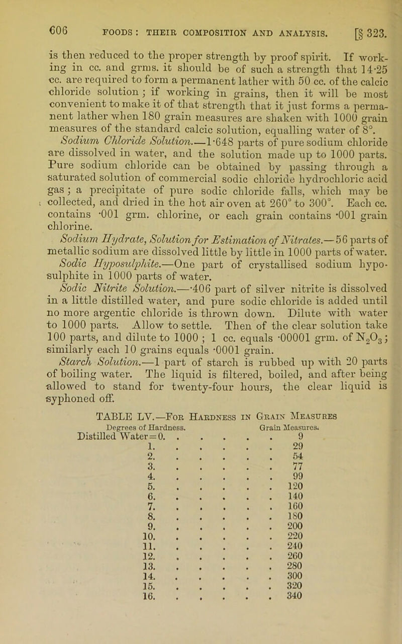 €06 is then reduced to the proper strength by proof spirit. If work- ing in cc. and grms. it should be of such a strength that 14-25 cc. are required to form a permanent lather with 50 cc. of the calcic chloride solution ; if working in grains, then it will be most convenient to make it of that strength that it just forms a perma- nent lather when 180 grain measures are shaken with 1000 gi-ain measures of the standard calcic solution, equalling water of 8°. Sodium Chloride Solution—1-648 parts of pure sodium chloride are dissolved in water, and the solution made up to 1000 parts. Pure sodium chloride can be obtained by passing through a saturated solution of commercial sodic chloride hydrochloric acid gas ; a precipitate of pure sodic chloride falls, which may be collected, and dried in the hot air oven at 260° to 300°. Each cc. contains -001 grm. chlorine, or each grain contains *001 grain chlorine. Sodium Hydrate, Solution for Estimation of Nitrates.— 56 parts of metallic sodium are dissolved little by little in 1000 parts of water. Sodic Hyposulphite.—One part of crystallised sodium hypo- sulphite in 1000 parts of water. Sodic Nitrite Solution.—-406 part of silver nitrite is dissolved in a little distilled water, and pure sodic chloride is added until no more argentic chloride is thrown down. Dilute with water to 1000 parts. Allow to settle. Then of the clear solution take 100 parts, and dilute to 1000 ; 1 cc. equals -00001 grm. of N203; similarly each 10 grains equals -0001 grain. Starch Solution.—1 part of starch is rubbed up with 20 parts of boiling water. The liquid is filtered, boiled, and after being allowed to stand for twenty-four hours, the clear liquid is syphoned off. TABLE LY.—For Hardness in Grain Measures Degrees of Hardness. Grain Measures. Distilled Water=0 9 1. 29 2. 54 3. 77 4. 99 5. 120 6. 140 7. 160 8. ISO 9. 200 10. 220 11. 240 12. 260 13. 280 14. 300 15. 320