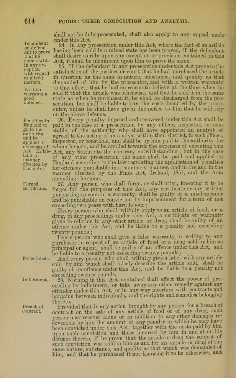 Incumbent on defend- ant to prove that he comes with- in any ex- ception with regard to mixed matters. Written warranty a good defence. Penalties in England to go to the authority and be applied (o expenses of Act. In Ire- land in manner directed by Fines Act. Forged cortidcates. False labels. Indictment. Breach of contract. shall not be duly prosecuted, shall also apply to any appeal made under this Act. 24. In any prosecution under this Act, where the fact of an article having b.een sold in a mixed state has been proved, if the defendant shall desire to rely upon any exception or provision contained in this Act, it shall be incumbent upon him to prove the same. 25. If the defendant in any prosecution under this Act prove to the satisfaction of the justices or court that he had purchased the article in question as the same in nature, substance, and quality as that demanded of him by the prosecutor, and with a written warranty to that effect, that he had no reason to believe at the time when he sold it that the article was otherwise, and that he sold it in the same state as when he purchased it, he shall be discharged from the pro- secution, but shall be liable to pay the costs incurred by the prose- cutor, unless he shall have given due notice to him that he will rely on the above defence. 26. Every penalty imposed and recovered under this Act shall be paid in the case of a prosecution by any officer, inspector, or con- stable, of the authority who shall have appointed an analyst or agreed to the acting of an analyst within their district, to such officer, inspector, or constable, and shall be by him paid to the authority for whom he acts, and be applied towards the expenses of executing this Act, any Statute to the contrary notwithstanding ; but in the case of any other prosecution the same shall be paid and applied in England according to the law regulating the application of penalties for offences punishable in a summary manner, and in Ireland in the manner directed by the Eines Act, Ireland, 1851, and the Acts amending the same. 27. Any person who shall forge, or shall utter, knowing it to be forged for the purposes of this Act, any certificate or any writing purporting to contain a warranty, shall be guilty of a misdemeanor and be punishable on conviction by imprisonment for a term of not exceeding two years with hard labour ; Every person who shall wilfully apply to an article of food, or a drug, in any proceedings under this Act, a certificate or. warranty given in relation to any other article or drug, shall be guilty of an offence under this Act, and be liable to a penalty not exceeding twenty pounds ; Every person who shall give a false warranty in writing to any purchaser in respect of an article of food or a drug sold by him as Erincipal or agent, shall be guilty of an offence under this Act, and e liable to a penalty not exceeding twenty pounds ; And every person who shall wilfully give a label with any article sold by him which shall falsely describe the article sold, shall be guilty of an offence under this Act, and be liable to a penalty not exceeding twenty pounds. 28. Nothing in this Act contained shall affect the power .of pro- ceeding by indictment, or take away any other remedy against any offender under this Act, or in any way interfere with contracts and bargains between individuals, and the rights and remedies belonging thereto. . Provided that in any action brought by any person for a breach ot contract on the sale of any article of food or of any drug, such person may recover alone or in addition to any otlier damages re* coverable by him the amount of any penalty in which he may have been convicted under this Act, together with the costs paid by lnm upon such conviction and those incurred by him in and about Ins defence thereto, if he prove that the article or drug the subject ot such conviction was sold to him as and for an articie or drug of the same nature, substance, and quality as that which was demanded or him, and that he purchased it not knowing it to he otherwise, anu
