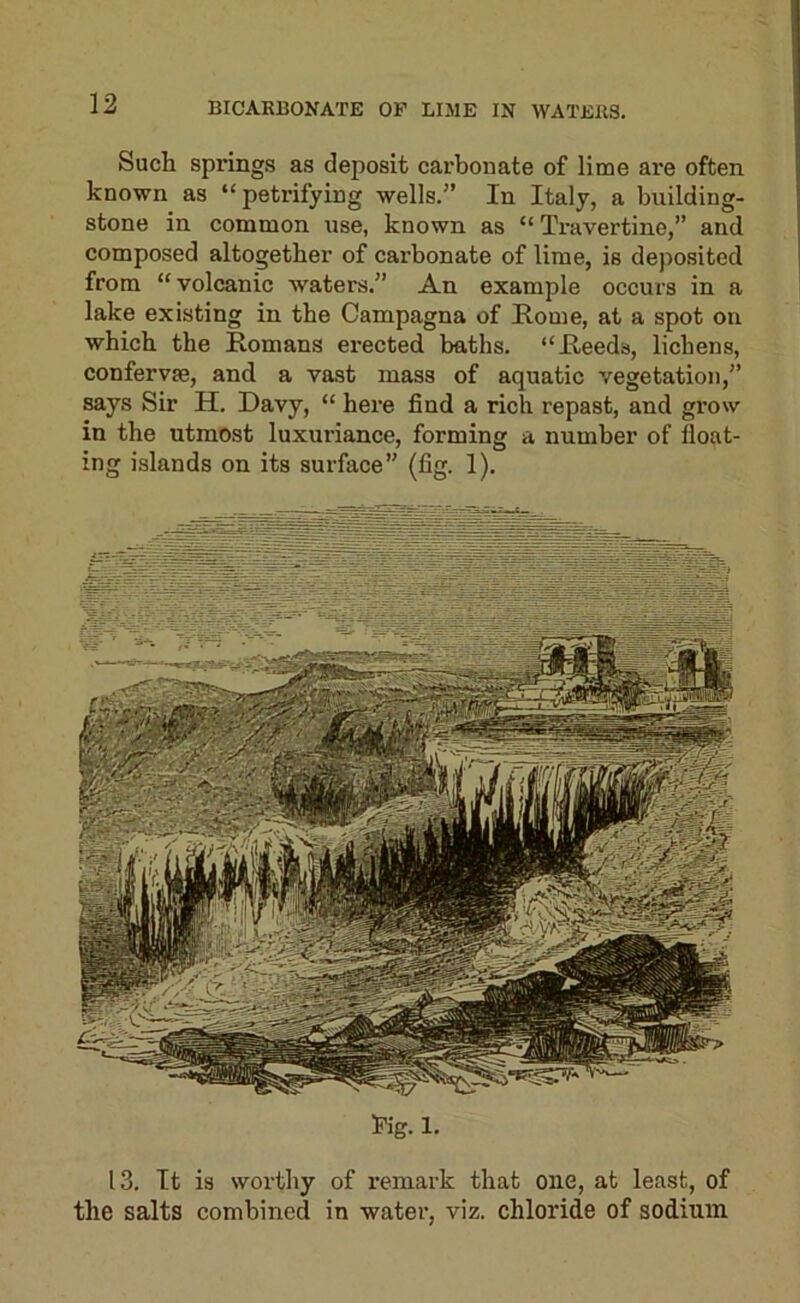 Such springs as deposit carbonate of lime are often known as “petrifying wells.” In Italy, a building- stone in common use, known as “Travertine,” and composed altogether of cai-bonate of lime, is deposited from “volcanic waters.” An example occurs in a lake existing in the Campagna of Rome, at a spot on which the Romans erected baths. “Reeds, lichens, confervse, and a va.st mass of aquatic vegetation,” says Sir H. Davy, “ here find a rich repast, and grow in the utmost luxuriance, forming a number of float- ing islands on its surface” {fig. 1). S'ig. 1. 13. It is worthy of remark that one, at least, of the salts combined in water, viz. chloride of sodium