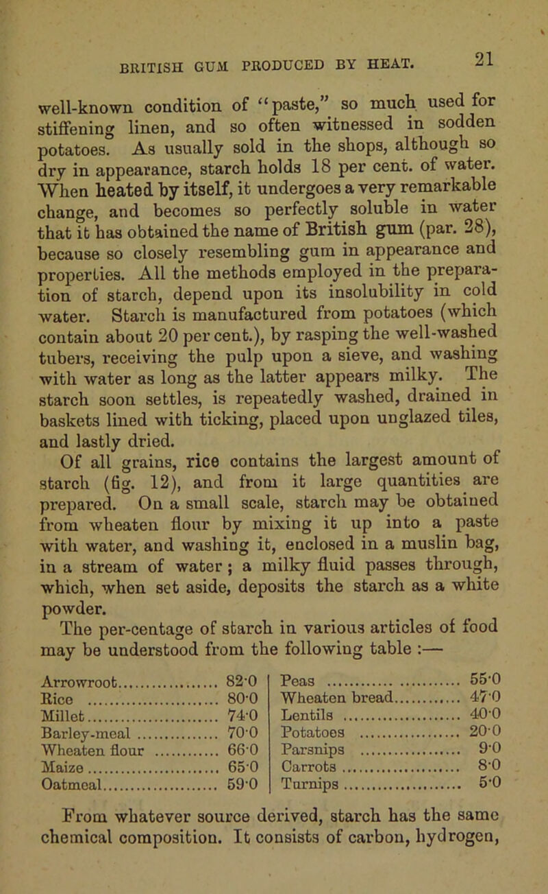 BRITISH GUM PRODUCED BY HEAT. well-known condition of “paste,” so much used for stiffening linen, and so often witnessed in sodden potatoes. As usually sold in the shops, although so dry in appearance, starch holds 18 per cent, of water. When heated by itself, it undergoes a very remarkable change, and becomes so perfectly soluble in water that it has obtained the name of British gum (p^r. 28), because so closely resembling gum in appearance and properties. All the methods employed in the prepara- tion of starch, depend upon its insolubility in cold water. Starch is manufactured from potatoes (which contain about 20 per cent.), by rasping the well-washed tubers, receiving the pulp upon a sieve, and washing with water as long as the latter appears milky. The starch soon settles, is repeatedly washed, drained in baskets lined with ticking, placed upon unglazed tiles, and lastly dried. Of all grains, rice contains the largest amount of starch (fig. 12), and from it large quantities are prepai’ed. On a small scale, starch may be obtained from wheaten flour by mixing it up into a paste with water, and washing it, enclosed in a muslin bag, in a stream of water; a milky fluid passes through, which, when set aside, deposits the starch as a white powder. The per-centage of starch in various articles of food may be understood from the following table :— Arrowroot 82'0 Rico 80'0 Millet 74-0 Barley-meal 70‘0 Wheaten flour 66'0 Maize 65’0 Oatmeal 59’0 Peas 55'0 Wheaten bread 47'0 Lentils 40‘0 Potatoes 20‘0 Parsnips 9'0 Carrots 8'0 Turnips 5‘0 From whatever source derived, starch has the same chemical composition. It consists of carbon, hydrogen,
