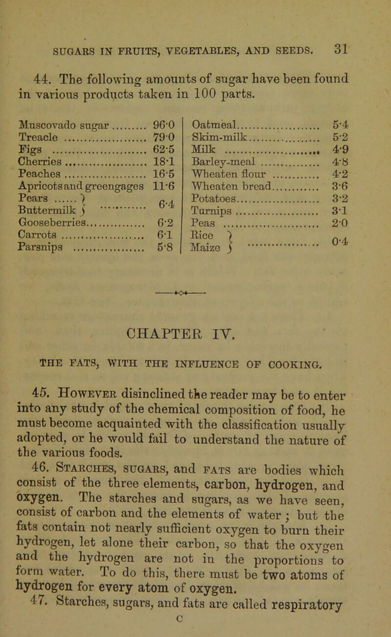 44. The following amounts of sugar have been found in various products taken in 100 parts. Muscovado sugar Treacle Figs Cherries Peaches Apricots and greengages Pears Buttermilk ) Grooseberries Carrots Parsnips 960 790 62-5 18-1 16-5 11-6 6-4 6-2 6-1 5-8 Oatmeal Skim-milk Milk Barley-meal ... Wheaten flour Wheaten bread Potatoes Turnips Peas Rice I Maize ) 5-4 5-2 4-9 4-8 4-2 3-6 3-2 31 20 0-4 CHAPTER IV. The pats, with the influence op cooking. 45. However disinclined the reader may be to enter into any study of the chemical composition of food, he must become acquainted with the classification usually adopted, or he would fail to understand the nature of the various foods. 46. Starches, sugars, and pats are bodies which consist of the three elements, carbon, hydrogen, and oxygen. The starches and sugars, as we have seen, consist of carbon and the elements of water ; but the fats contain not nearly sufficient oxygen to burn their hydrogen, let alone their carbon, so that the oxygen and the hydrogen are not in the proportions to form water. To do this, there must be two atoms of hydrogen for every atom of oxygen. 47. Starches, sugars, and fats ai'e called respiratory c
