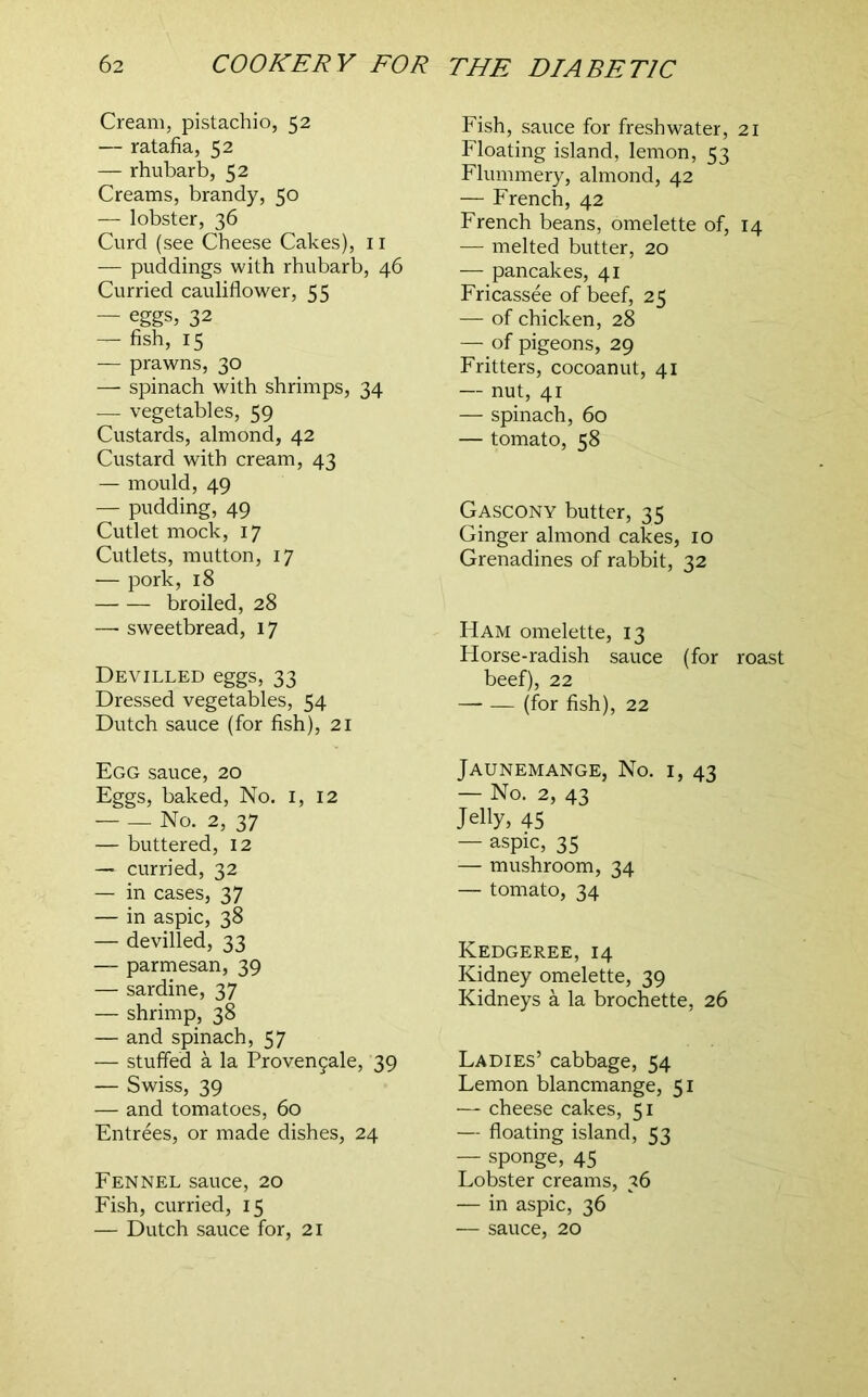 Cream, pistachio, 52 — ratafia, 52 — rhubarb, 52 Creams, brandy, 50 — lobster, 36 Curd (see Cheese Cakes), 11 — puddings with rhubarb, 46 Curried cauliflower, 55 — eggs, 32 — fish, 15 — prawns, 30 — spinach with shrimps, 34 — vegetables, 59 Custards, almond, 42 Custard with cream, 43 — mould, 49 — pudding, 49 Cutlet mock, 17 Cutlets, mutton, 17 — pork, 18 broiled, 28 — sweetbread, 17 Devilled eggs, 33 Dressed vegetables, 54 Dutch sauce (for fish), 21 Egg sauce, 20 Eggs, baked. No. i, 12 — — No. 2, 37 — buttered, 12 — curried, 32 — in cases, 37 — in aspic, 38 — devilled, 33 — parmesan, 39 — sardine, 37 — shrimp, 38 — and spinach, 57 — stuffed a la Proven9ale, 39 — Swiss, 39 — and tomatoes, 60 Entrees, or made dishes, 24 Fennel sauce, 20 Fish, curried, 15 — Dutch sauce for, 21 Fish, sauce for freshwater, 21 Floating island, lemon, 53 Flummery, almond, 42 — French, 42 French beans, omelette of, 14 — melted butter, 20 — pancakes, 41 Fricassee of beef, 25 — of chicken, 28 — of pigeons, 29 Fritters, cocoanut, 41 — nut, 41 — spinach, 60 — tomato, 58 Gascony butter, 35 Ginger almond cakes, 10 Grenadines of rabbit, 32 Ham omelette, 13 Horse-radish sauce (for roast beef), 22 — — (for fish), 22 Jaunemange, No. i, 43 — No. 2, 43 Jelly, 45 — aspic, 35 — mushroom, 34 — tomato, 34 Kedgeree, 14 Kidney omelette, 39 Kidneys a la brochette, 26 Ladies’ cabbage, 54 Lemon blancmange, 51 — cheese cakes, 51 — floating island, 53 — sponge, 45 Lobster creams, 36 — in aspic, 36 — sauce, 20