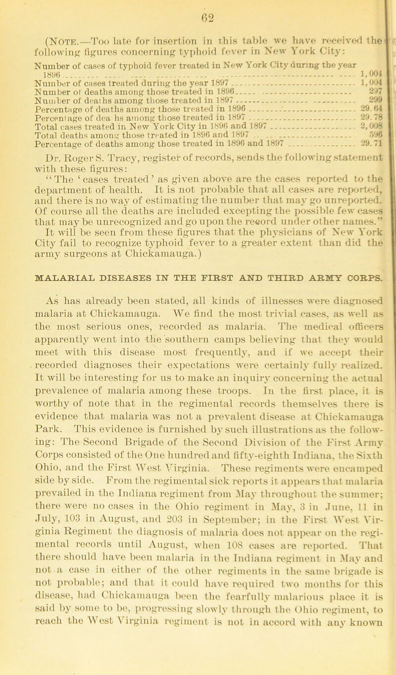 (Note.—Too lute for insertion in this table we have received Ihej following figures concerning typhoid fever in New York City; Number of cases of typhoid fever treated in New York City during the year | 18!)6 1,004 I Number of cases treated during the year 1897 1,004 l‘ Number of deaths among those treated in 1896 297 I Number of deaihs among those treated in 1897 299 ||; Percentage of deaths among those treated in 1896 29.64 I Percentage of dea hs among tliose treated in 1897 29.78 K Total cases treated in New York City in 1896 and 1897 2,008 I Total deaths among those treated in 1896 and 1897 .. .'196 i Percentage of deaths among those treated in 1896 and 1897 29.71 1 Dr. Roger S. Tracy, register of records, sends the following .statement with the.se figures: “The ‘cases treated’ as given above are the cases reported to the department of health. It is not probable that all cases are repoi-ted, and there is no way of estimating the number that mat’ go unreported. Of course all the deaths are included excepting the possible few cases that maybe unrecognized and go upon the reeoid under other names.” It will be seen from these figures that the ph3'Sicians of New York City fail to recognize typhoid fever to a greater extent than did the armj’ surgeons at Chickamauga.) MALARIAL, DISEASES IN THE FIRST AND THIRD ARMY CORPS. As has already been stated, all kinds of illnesses were diagnosed malaria at Chickamauga. We find the most triA’ial cases, as well as the most serious ones, recorded as malaria. The medical ofBcere apparentlj^ went into the southern camps believing that the.v would meet with this disease most frequentty, and if we accept their recorded diagnoses their expectations were eertainl}- fulh* realized. It will be interesting for us to make an inquhy concerning the actual prevalence of malaria among these troops. In the first place, it is worthy of note that in the regimental records themselves there is evidence that malaria was not a prevalent disease at Chickamauga Park. This evidence is furnished bj^such illustrations as the follow- ing: The Second Brigade of the Second Division of the First Army Corps consisted of the One hundred and fifty-eighth Indiana, the Sixth Ohio, and the First West Virginia. These regiments were encamped side bj’^ side. From the regimental sick reports it appears that malaria prevailed in the Indiana regiment from Ma3' throughout the summer; there were no cases in the Ohio regiment in Mat*, Sin June, 11 in 103 in August, and 203 in September; in the First West Vir- ginia Regiment the diagnosis of malaria does not appear on the regi- mental reeoi-ds until August, when 108 cases are reported. That there .should have been malaria in the Indiana regiment in Ma\* and not a case in either of the other regiments in the same brigade is not proba1)le; and that it could have required two mouths for this disease, had Chickamauga been the fearfulty malarious place it is said ly .some to be, progressing slowlv thi’ough the Ohio regiment, to reaeli the West Virginia regiment is not in accord with any known