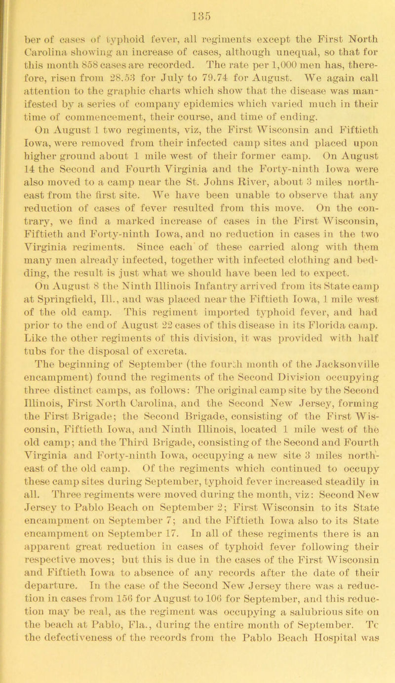 ber of cases of typhoid fever, all reyiments except the First North Caroliiia showiiio- an increase of cases, althongh unequal, so that for this month 858 cases are recorded. The rate per 1,000 men has, there- fore, risen from 28.53 for July to 79.74 for August. We again call attention to the gi-aphic charts which show that the disease was man- ifested by a. series of company epidemics which varied much in their time of commencement, their course, and time of ending. On August 1 two regiments, viz, the First Wisconsin and Fiftieth Iowa, were removed from their infected camp sites and placed upon higher ground about 1 mile Avest of their former camp. On August 14 the Second and Fourth Virginia and the Forty-ninth Iowa were also moved to a camp near the St. Johns River, about 3 miles north- east from the first site. We have been unable to observe that any reduction of cases of fever resulted from this move. On the con- trarj’^, we find a marked increase of cases in the First Wisconsin, Fiftieth and Forty-ninth Iowa, and no reduction in cases in the two Virginia reuiments. Since each of these carried along with them many men already infected, together Avith infected clothing and bed- ding, the result is just Avdiat Ave should haA'^e been led to expect. On August 8 the Ninth Illinois Infantry arrived from its State camp at Springfield, 111., and Avas placed near the Fiftieth Iowa, 1 mile Avest of the old camp. 'Fhis regiment imported typhoid fever, and had prior to the end of August 22 cases of this disease in its Florida camp. Like the other regiments of this diAdsion, it Avas provided Avith half tubs for the disposal of excreta. The beginning of September (the fourth month of the Jacksonville encampment) found the regiments of the Second Division occupying three distinct camps, as folloAvs: The original camp site by the Second Illinois, First North Carolina, and the Second New Jersey, forming the First Brigade; the Second Brigade, consisting of the First Wis- consin, Fiftieth loAA'a, and Ninth Illinois, located 1 mile west of the old camp; and the Third Brigade, consisting of the Second and Fourth Virginia and Fortj’-iiinth Iowa, occupjdng a new site 3 miles north- east of the old camp. Of the regiments Avhich continued to occupy these camp sites during September, t3qAoid fever increased steadilj^ in all. Three regiments Avere moA^ed duifng the month, viz: Second New Jersey to Pablo Beach on September 2; First AVisconsin to its State encampment on September 7; and the Fiftieth loAva also to its State encampment on September 17. In all of these regiments there is an apparent great reduction in cases of tyijhoid fever following their respective moves; but this is due in the cases of the First Wisconsin and Fiftieth loAva to absence of auA^ records after the date of their departure. In the case of the Second Ncav Jersey there Avas a reduc- tion in cases from 150 for August to lOG for September, and this reduc- tion maj be real, as the regiment \\'as occupying a salubrious site on the beach at Pablo, Fla., duritig the entire month of Sei^tember. Tc the defectiveness of the recmi'ds from the Pablo Beach Hospital was
