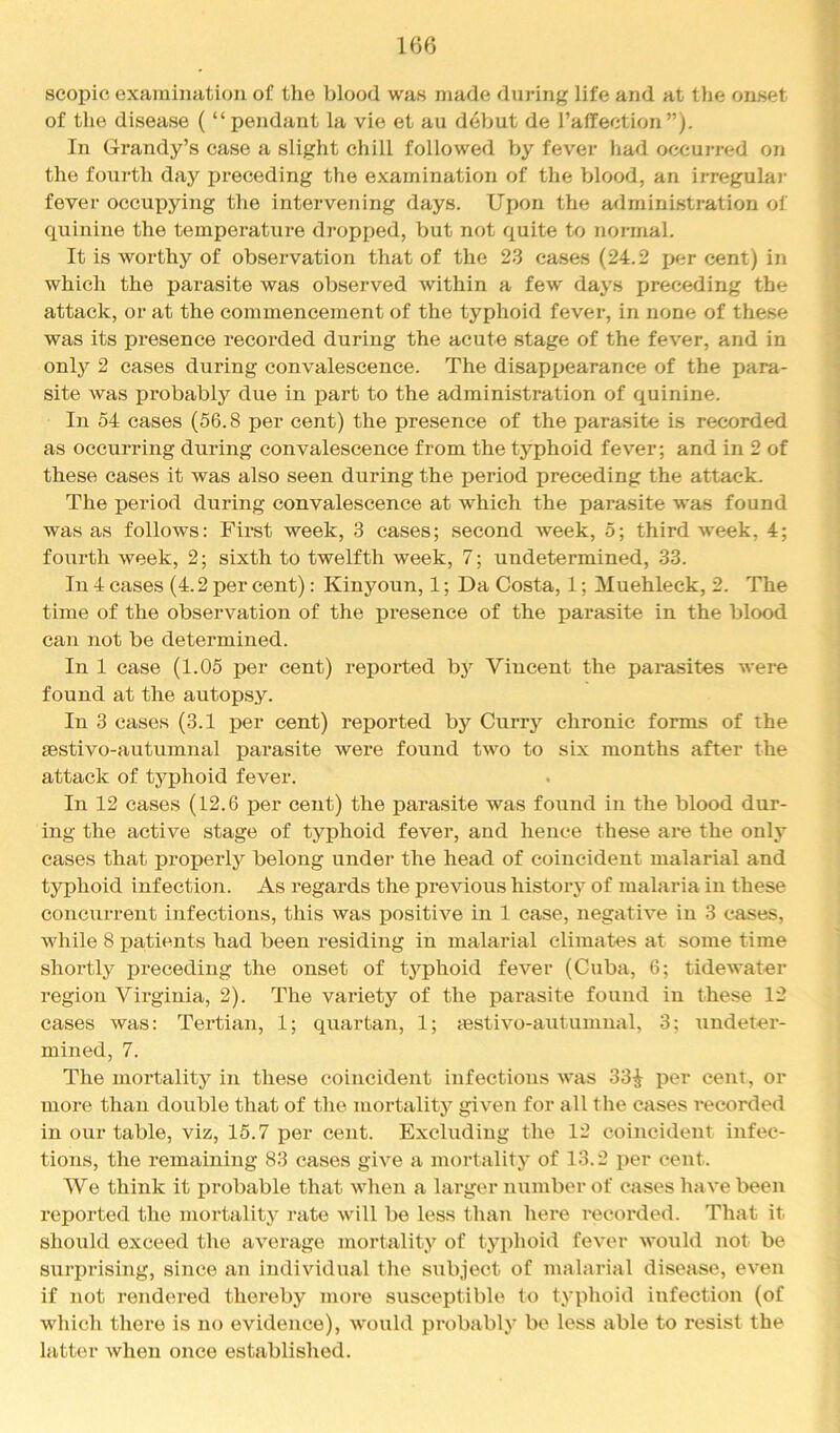 scopic examination of the blood was made during life and at the onset of the disease ( “ pendant la vie et au debut de I’affection ”). In Grandy’s case a slight chill followed by fever had occurred on the fourth day preceding the examination of the blood, an irregulai- fever occupying the intervening days. Upon the administration of quinine the temperature dropped, but not quite to normal. It is worthy of observation that of the 23 cases (24.2 per cent) in which the parasite was observed within a few days preceding the attack, or at the commencement of the typhoid fevei’, in none of these was its presence recorded during the acute stage of the fever, and in onlj'^ 2 cases during convalescence. The disappearance of the para- site was probably due in part to the administration of quinine. In 54 cases (56.8 per cent) the presence of the parasite is recorded as occurring during convalescence from the typhoid fever; and in 2 of these cases it was also seen during the period preceding the attack. The period during convalescence at which the pai’asite was found was as follows: First week, 3 cases; second week, 5; third week, 4; fourth week, 2; sixth to twelfth week, 7; undetermined, 33. In 4 cases (4.2 per cent): Kinyoun, 1; Da Costa, 1; Muehleck, 2. The time of the observation of the presence of the parasite in the blood can not be determined. In 1 case (1.05 per cent) reported by Vincent the pai'asites Avere found at the autopsy. In 3 cases (3.1 per cent) reported by Currj^ chronic forms of the aestivo-autumnal parasite Avere found tA\m to six months after the attack of typhoid fever. In 12 cases (12.6 per cent) the parasite was found in the blood dur- ing the active stage of typhoid fever, and hence these are the only cases that jtroperly belong under the head of coincident malarial and typhoid infection. As regards the previous histoiy of malaria in these concurrent infections, this Avas positive in 1 ease, negath’e in 3 cases, while 8 patients had been residing in malarial climates at some time shortly preceding the onset of typhoid fever (Cuba, 6; tideAA’ater region Virginia, 2). The variety of the parasite found in these 12 cases Avas: Tertian, 1; quartan, 1; testi\m-autuninal, 3; \indeter- mined, 7. The mortality in these coincident infections Avas 33^ per cent, or more than double that of tlie mortality given for all the cases recorded in our table, viz, 15.7 per cent. Excluding the 12 coincident infec- tions, the remaining 83 cases giA’^e a mortality of 13.2 per cent. We think it probable that A\dien a larger number of cases haA'e been reported the mortality rate Avill be less than here recorded. That it should exceed the aA’^erage mortality of typhoid fe\an’ AA'ould not be surprising, since an individual tlie subject of malarial disease, eA’^en if not rendered thereby more susceptible to typhoid infection (of which there is no evidence), aa'ouUI probably be less able to resist the latter Avhen once established.