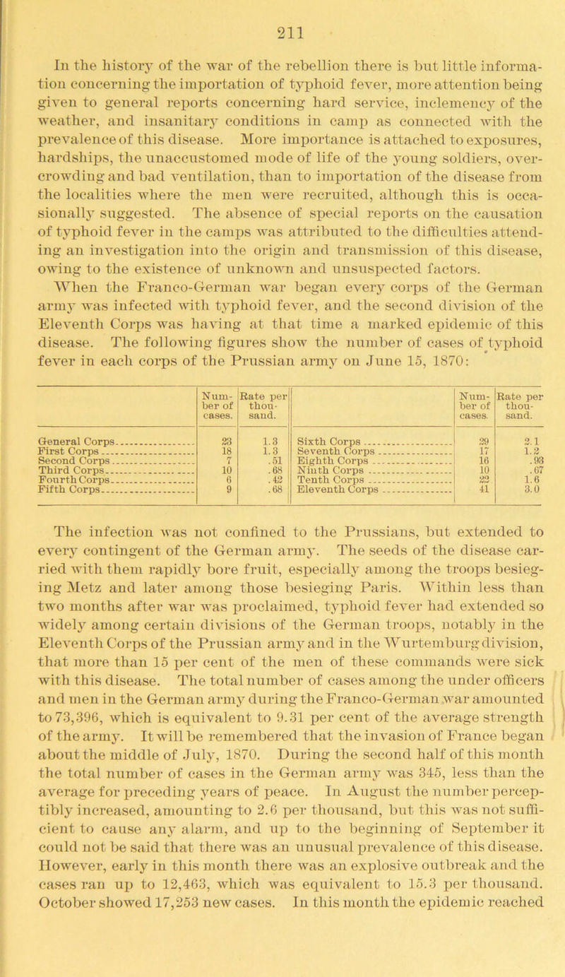 In the histoiy of the war of the rebellion there is but little informa- tion concerning the importation of tyi^hoid fever, more attention being given to general reports concerning hard service, inclemency of the weather, and insanitaiy conditions in camp as connected with the prevalence of this disease. More importance is attached to exposures, hardships, the iinaccustomed mode of life of the young soldiers, over- crowding and bad ventilation, than to importation of the disease from the localities where the men were recruited, although this is occa- sionally siiggested. The absence of special reports on the causation of typhoid fever in the camps was attributed to the difficulties attend- ing an investigation into the origin and transmission of this disease, owing to the existence of unknown and unsuspected factors. When the Franco-German war began eveiy corps of the German army was infected with typhoid fever, and the second division of the Eleventh Corps was having at that time a marked epidemic of this disease. The following figures show the number of cases of typhoid fever in each corps of the Prussian army on June 15, 1870: Num- ber of cases. Rate per thou- sand. Num- ber of cases. Rate per thou- sand. General Corps 23 1.3 Sixth Corps 39 3.1 First Corps 18 1.3 Seventh (Torps 17 1.2 Second Corps 7 .51 Fighth Corps 16 .93 Third Corps 10 .68 Ninth Corps 10 .67 Foil r th Corps G .43 1 Tenth Corps 33 1.6 Fifth Corps* g .68 ' Eleventh Corps 41 3.0 1 The infection was not confined to the Prussians, but extended to every contingent of the German army. The seeds of the disease car- ried with them rapidly bore fruit, especially among the troops besieg- ing Metz and later among those besieging Paris. Within less than two months after war was iiroclaimed, typhoid fever had extended so widely among certain divisions of the German troops, notably in the Eleventh Coi-ps of the Prussian armj^ and in the Wurtemburgdivision, that more than 15 f)er cent of the men of these commands were sick with this disease. The total number of cases among the under officers and men in the German army during the Franco-German war amounted to 73,396, which is equivalent to 9.31 per cent of the average strength of the army. It will be remembered that the invasion of France began about the middle of July, 1870. During the second half of this month the total number of cases in the German army was 345, less than the average for preceding years of peace. In August the number percep- tibly increased, amounting to 2.6 per thousand, but this was not suffi- cient to cause any alarm, and up to the beginning of September it could not be said that there was an unusual jn’evalence of this disease. However, early in this month there was an explosive outbreak and the cases ran up to 12,463, which was equivalent to 15.3 per thousand. October showed 17,253 new cases. In this mouth the eijidemic reached