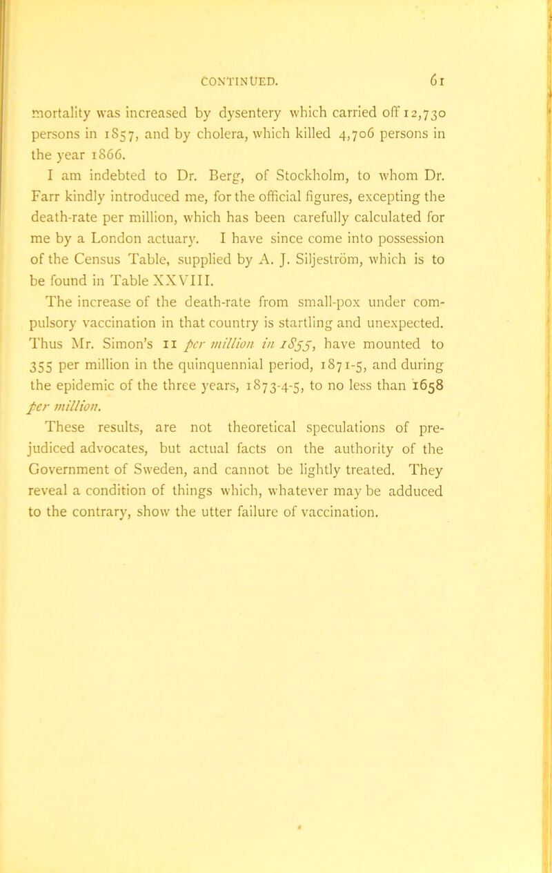 mortality was increased by dysentery which carried off 12,730 persons in 1S57, and by cholera, which killed 4,706 persons in the year 1866. I am indebted to Dr. Berg, of Stockholm, to whom Dr. Farr kindly introduced me, for the official figures, excepting the death-rate per million, which has been carefully calculated for me by a London actuary. I have since come into possession of the Census Table, supplied by A. J. Siljestrom, which is to be found in Table XXVIII. The increase of the death-rate from small-pox under com- pulsory vaccination in that country is startling and unexpected. Thus Mr. Simon’s 11 per million in 1S55, have mounted to 355 per million in the quinquennial period, 1871-5, and during the epidemic of the three years, 1873-4-5, to no less than 1658 per million. These results, are not theoretical speculations of pre- judiced advocates, but actual facts on the authority of the Government of Sweden, and cannot be lightly treated. They reveal a condition of things which, whatever may be adduced to the contrary, show the utter failure of vaccination.