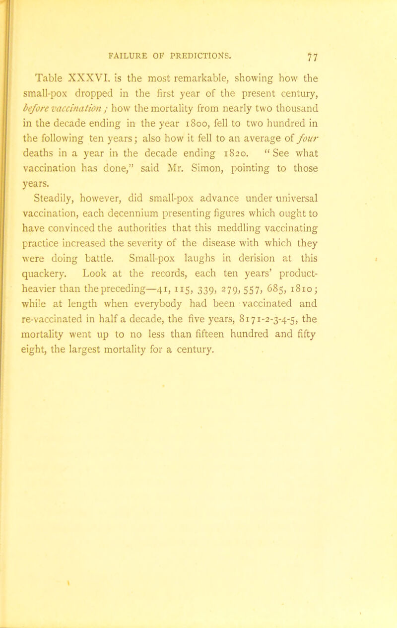 Table XXXVI. is the most remarkable, showing how the small-pox dropped in the first year of the present century, before vaccination ; how the mortality from nearly two thousand in the decade ending in the year 1800, fell to two hundred in the following ten years; also how it fell to an average of four deaths in a year in the decade ending 1820. “See what vaccination has done,” said Mr. Simon, pointing to those years. Steadily, however, did small-pox advance under universal vaccination, each decennium presenting figures which ought to have convinced the authorities that this meddling vaccinating practice increased the severity of the disease with which they were doing battle. Small-pox laughs in derision at this quackery. Look at the records, each ten years’ product- heavier than the preceding—41, 115, 339, 279,557, 685, 1810; while at length when everybody had been vaccinated and re-vaccinated in half a decade, the five years, 8171-2-3-4-5, the mortality went up to no less than fifteen hundred and fifty eight, the largest mortality for a century.