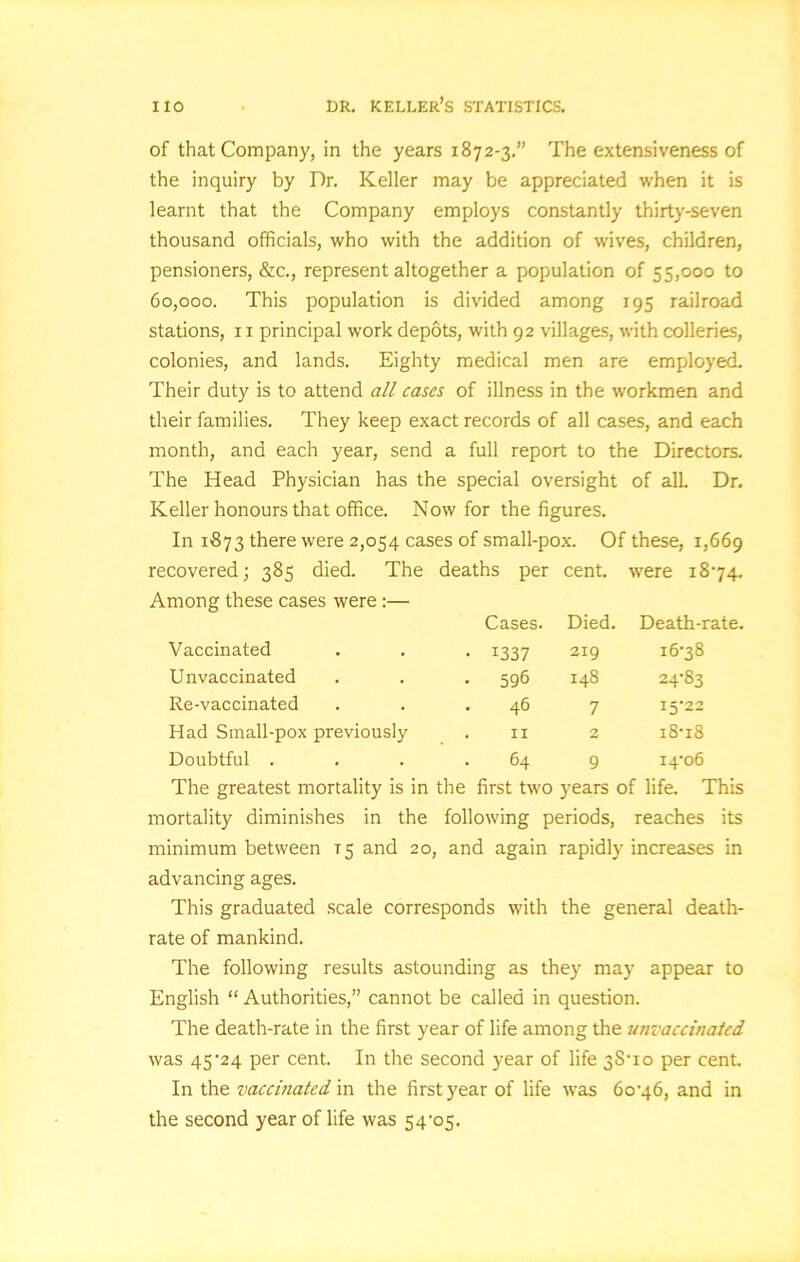 of that Company, in the years 1872-3.” The extensiveness of the inquiry by Dr. Keller may be appreciated when it is learnt that the Company employs constantly thirty-seven thousand officials, who with the addition of wives, children, pensioners, &c., represent altogether a population of 55,000 to 60,000. This population is divided among 195 railroad stations, 11 principal work depots, with 92 villages, with colleries, colonies, and lands. Eighty medical men are employed. Their duty is to attend all cases of illness in the workmen and their families. They keep exact records of all cases, and each month, and each year, send a full report to the Directors. The Head Physician has the special oversight of all. Dr. Keller honours that office. Now for the figures. In 1873 there were 2,054 cases of small-pox. Of these, 1,669 recovered; 385 died. The deaths per cent. were 1874. Among these cases were :— Cases. Died. Death-rate. Vaccinated • 1337 219 16-38 Unvaccinated • 596 148 24-83 Re-vaccinated 46 7 15-22 Had Small-pox previously . 11 2 18-18 Doubtful . 64 9 14-06 The greatest mortality is in the first two years of life. This mortality diminishes in the following periods, reaches its minimum between 15 and 20 and again rapidly increases in advancing ages. This graduated scale corresponds with the general death- rate of mankind. The following results astounding as they may appear to English “ Authorities,” cannot be called in question. The death-rate in the first year of life among the unvaccinated was 45-24 per cent. In the second year of life 3S,io per cent. In the vaccinated in the first year of life was 60-46, and in the second year of life was 5 4'05.