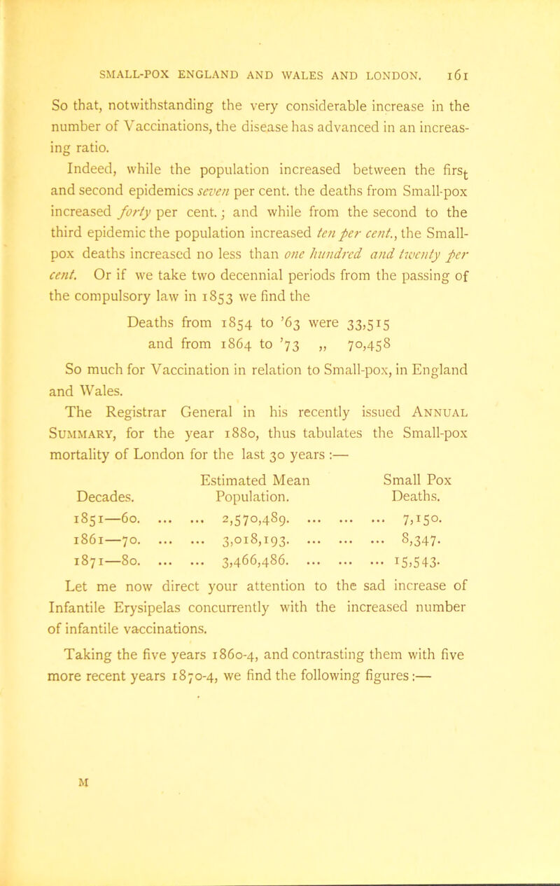 So that, notwithstanding the very considerable increase in the number of Vaccinations, the disease has advanced in an increas- ing ratio. Indeed, while the population increased between the firsj. and second epidemics seven per cent, the deaths from Small-pox increased forty per cent.; and while from the second to the third epidemic the population increased ten per cent., the Small- pox deaths increased no less than one hundred and twenty per cent. Or if we take two decennial periods from the passing of the compulsory law in 1853 we find the So much for Vaccination in relation to Small-pox, in England and Wales. The Registrar General in his recently issued Annual Summary, for the year 1880, thus tabulates the Small-pox mortality of London for the last 30 years :— 1851—60 2,570,489 7,150. 1871—80 3,466,48 6 1 5jS 43- Let me now direct your attention to the sad increase of Infantile Erysipelas concurrently with the increased number of infantile vaccinations. Taking the five years 1860-4, and contrasting them with five more recent years 1870-4, we find the following figures:— Deaths from 1854 to ’63 were 33,515 and from 1864 to ’73 „ 70,458 Decades. Estimated Mean Population. Small Pox Deaths. M