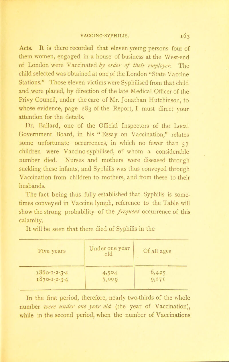 Acts. It is there recorded that eleven young persons four of them women, engaged in a house of business at the West-end of London were Vaccinated by order of their employer. The child selected was obtained at one of the London “State Vaccine Stations.” Those eleven victims were Syphilised from that child and were placed, by direction of the late Medical Officer of the Privy Council, under the care of Mr. Jonathan Hutchinson, to whose evidence, page 283 of the Report, I must direct your attention for the details. Dr. Ballard, one of the Official Inspectors of the Local Government Board, in his “Essay on Vaccination,” relates some unfortunate occurrences, in which no fewer than ^7 children were Vaccino-syphilised, of whom a considerable number died. Nurses and mothers were diseased through suckling these infants, and Syphilis was thus conveyed through Vaccination from children to mothers, and from these to their husbands. The fact being thus fully established that Syphilis is some- times conveyed in Vaccine lymph, reference to the Table will show the strong probability of the frequent occurrence of this calamity. It will be seen that there died of Syphilis in the Five years Under one year old Of all ages 1860-1-2-3-4 4)5°4 6,425 1870-1-2-3-4 7,009 9,27! In the first period, therefore, nearly two-thirds of the whole number were under one year old (the year of Vaccination), while in the second period, when the number of Vaccinations