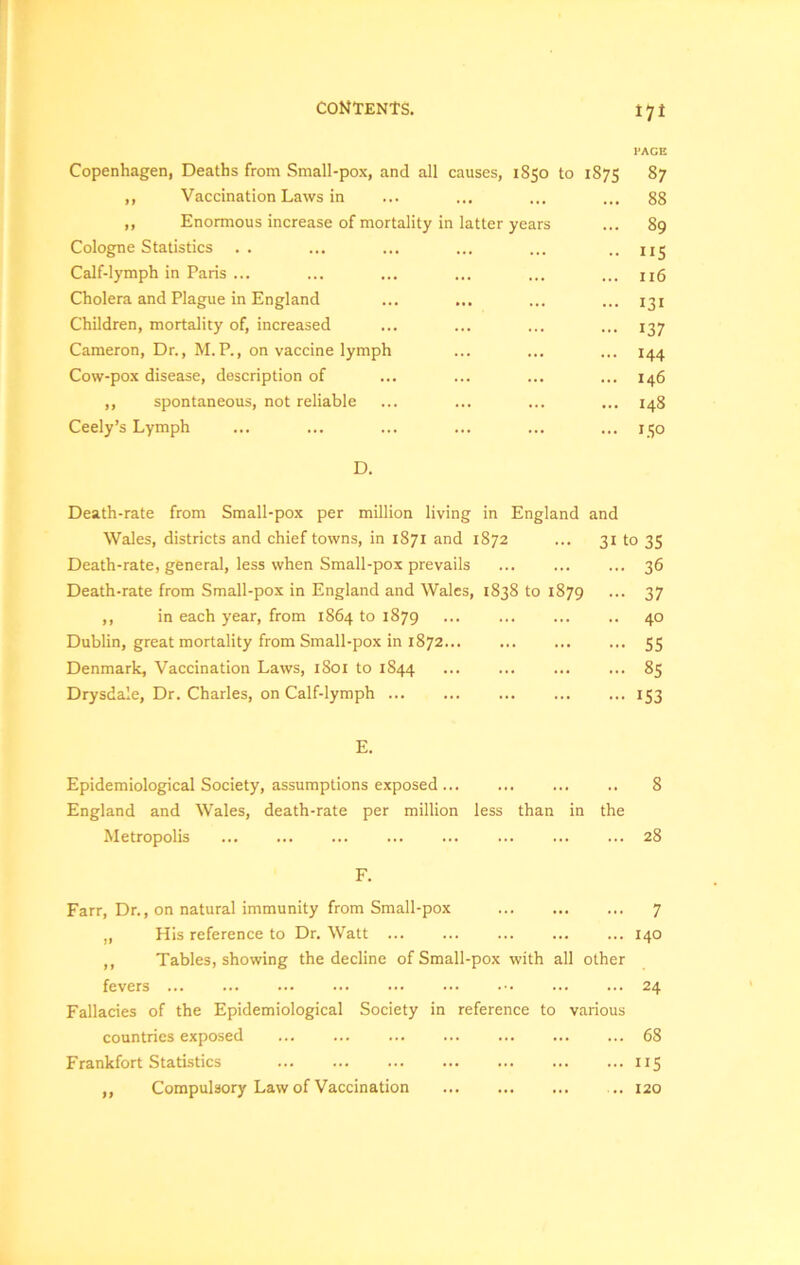 CONTENTS. Vjt PAGE Copenhagen, Deaths from Small-pox, and all causes, 1850 to 1875 87 ,, Vaccination Laws in ... ... ... ... 88 „ Enormous increase of mortality in latter years ... 89 Cologne Statistics .. ... ... ... ... .. 1x3 Calf-lymph in Paris ... ... ... ... ... ... u6 Cholera and Plague in England ... ... ... ... 131 Children, mortality of, increased ... ... ... ... 137 Cameron, Dr., M.P., on vaccine lymph ... ... ... 144 Cow-pox disease, description of ... ... ... ... 146 ,, spontaneous, not reliable ... ... ... ... 148 Ceely’s Lymph ... ... ... ... ... ... 130 D. Death-rate from Small-pox per million living in England and Wales, districts and chief towns, in 1871 and 1872 ... 31 to 35 Death-rate, general, less when Small-pox prevails 36 Death-rate from Small-pox in England and Wales, 1838 to 1879 ... 37 ,, in each year, from 1864 to 1879 40 Dublin, great mortality from Small-pox in 1872 55 Denmark, Vaccination Laws, 1801 to 1844 85 Drysdale, Dr. Charles, on Calf-lymph 153 E. Epidemiological Society, assumptions exposed 8 England and Wales, death-rate per million less than in the Metropolis 28 F. Farr, Dr., on natural immunity from Small-pox 7 ,, His reference to Dr. Watt 140 ,, Tables, showing the decline of Small-pox with all other fevers 24 Fallacies of the Epidemiological Society in reference to various countries exposed 68 Frankfort Statistics ... ... ... ... ... ... ... 115 ,, Compulsory Law of Vaccination ... 120