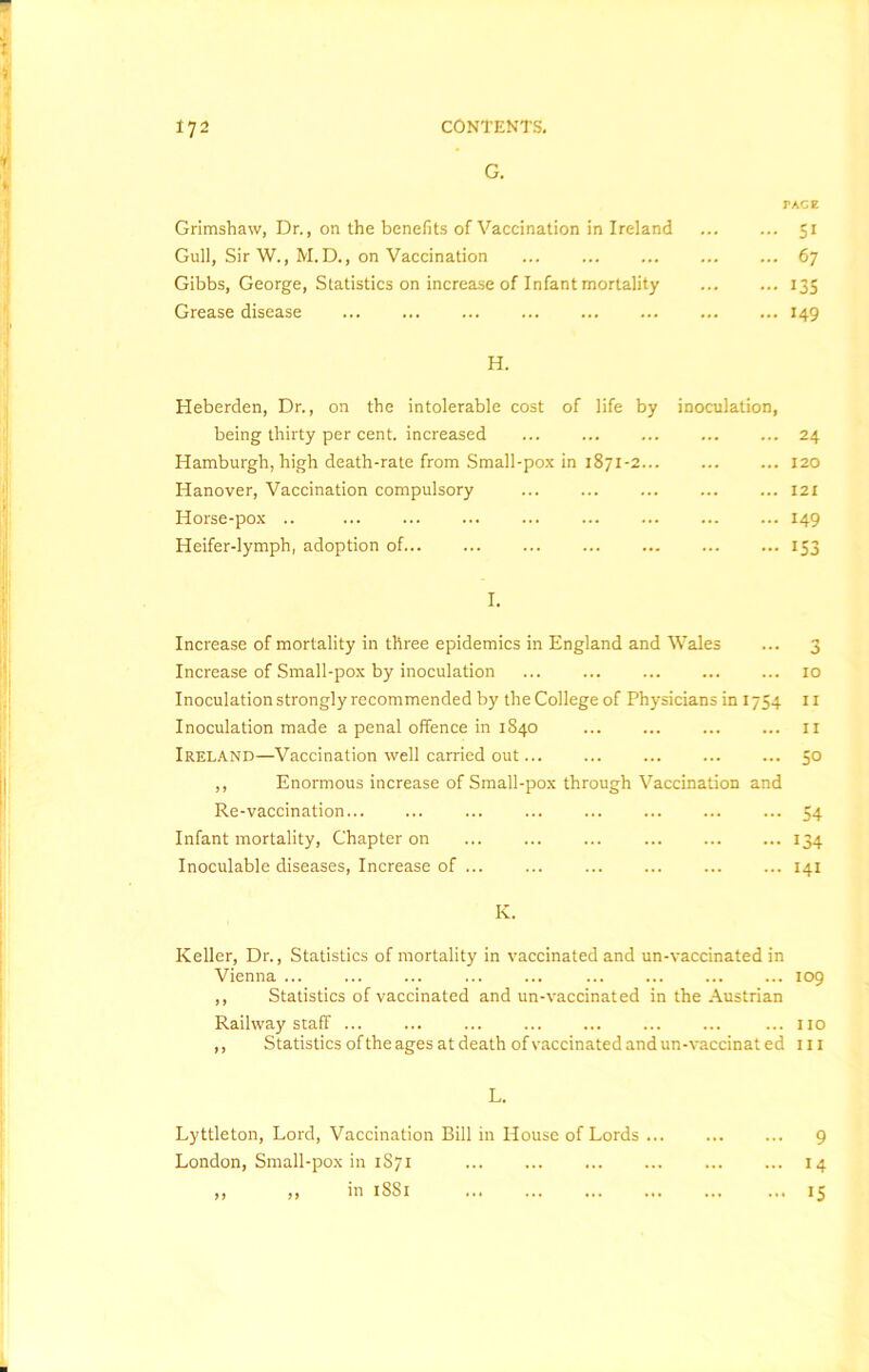 G. PACE Grimshaw, Dr. on the benefits of Vaccination in Ireland ... 51 Gull, Sir W., M.D., on Vaccination ... 67 Gibbs, George, Statistics on increase of Infant mortality - 135 Grease disease ... ... 149 H. Heberden, Dr., on the intolerable cost of life by being thirty per cent, increased Hamburgh, high death-rate from Small-pox in 1871-2... Hanover, Vaccination compulsory Horse-pox .. Heifer-lymph, adoption of. I. Increase of mortality in three epidemics in England and Wales ... 3 Increase of Small-pox by inoculation ... ... ... ... ... 10 Inoculation strongly recommended by the College of Physicians in 1754 11 Inoculation made a penal offence in 1840 ... ... ... ... 11 Ireland—Vaccination well carried out... ... ... ... ... 50 ,, Enormous increase of Small-pox through Vaccination and Re-vaccination... ... ... ... ... ... ... ... 54 Infant mortality, Chapter on 134 Inoculable diseases, Increase of ... ... ... ... ... ... 141 K. Keller, Dr., Statistics of mortality in vaccinated and un-vaccinated in Vienna ... 109 ,, Statistics of vaccinated and un-vaccinated in the Austrian Railway staff ... no ,, Statistics of the ages at death of vaccinated and un-vaccinated 111 L. Lyttleton, Lord, Vaccination Bill in House of Lords 9 London, Small-pox in 1S71 14 ,, ,, in 1881 15 inoculation, 24 120 121 149 153