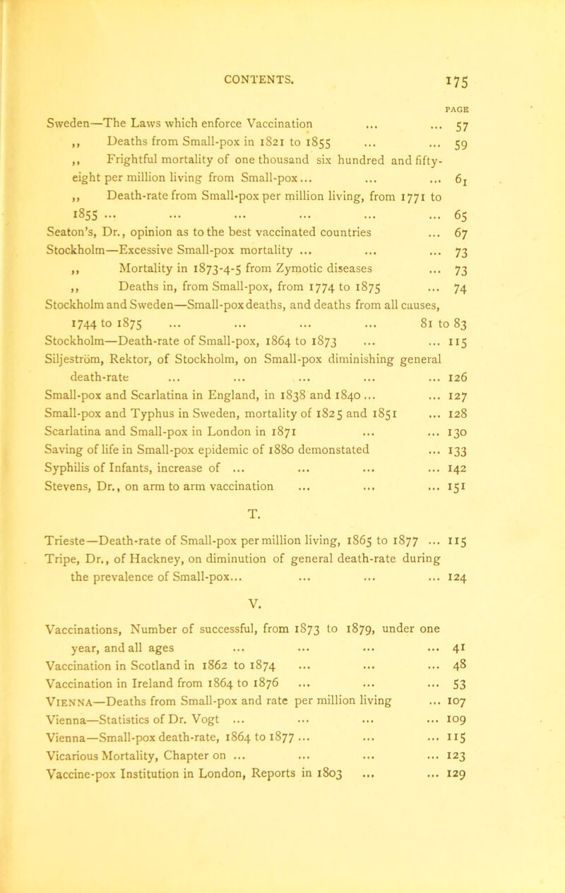 PAGE Sweden—The Laws which enforce Vaccination ... ... 57 ,, Deaths from Small-pox in 1S21 to 1855 ... ... 59 ,, Frightful mortality of one thousand six hundred and fifty- eight per million living from Small-pox... ... ... 6X ,, Death-rate from Small-pox per million living, from 1771 to 1855 ... ... ... ... ... ... 65 Seaton’s, Dr., opinion as to the best vaccinated countries ... 67 Stockholm—Excessive Small-pox mortality ... ... •••73 ,, Mortality in 1873-4-5 from Zymotic diseases ... 73 ,, Deaths in, from Small-pox, from 1774 to 1875 ... 74 Stockholm and Sweden—Small-pox deaths, and deaths from all causes, 1744 to 1875 ... ... ... ... 81 to 83 Stockholm—Death-rate of Small-pox, 1864 to 1873 ... ... 115 Siljestrom, Rektor, of Stockholm, on Small-pox diminishing general death-rate ... ... ... ... ... 126 Small-pox and Scarlatina in England, in 1838 and 1840 ... ... 127 Small-pox and Typhus in Sweden, mortality of 1825 and 1851 ... 128 Scarlatina and Small-pox in London in 1871 ... ... 130 Saving of life in Small-pox epidemic of 1880 demonstated ... 133 Syphilis of Infants, increase of ... ... ... ... 142 Stevens, Dr., on arm to arm vaccination ... ... ... 151 T. Trieste—Death-rate of Small-pox per million living, 1865 to 1877 ... 115 Tripe, Dr., of Hackney, on diminution of general death-rate during the prevalence of Small-pox... ... ... ... 124 V. Vaccinations, Number of successful, from 1873 to 1879, under one year, and all ages ... ... ... ... 41 Vaccination in Scotland in 1862 to 1874 ... ... ... 48 Vaccination in Ireland from 1864 to 1876 ... ... ... 53 Vienna—Deaths from Small-pox and rate per million living ... 107 Vienna—Statistics of Dr. Vogt ... ... ... ... 109 Vienna—Small-pox death-rate, 1864 to 1877 ... ••• US Vicarious Mortality, Chapter on ... ... ... ... 123 Vaccine-pox Institution in London, Reports in 1803 ... ... 129