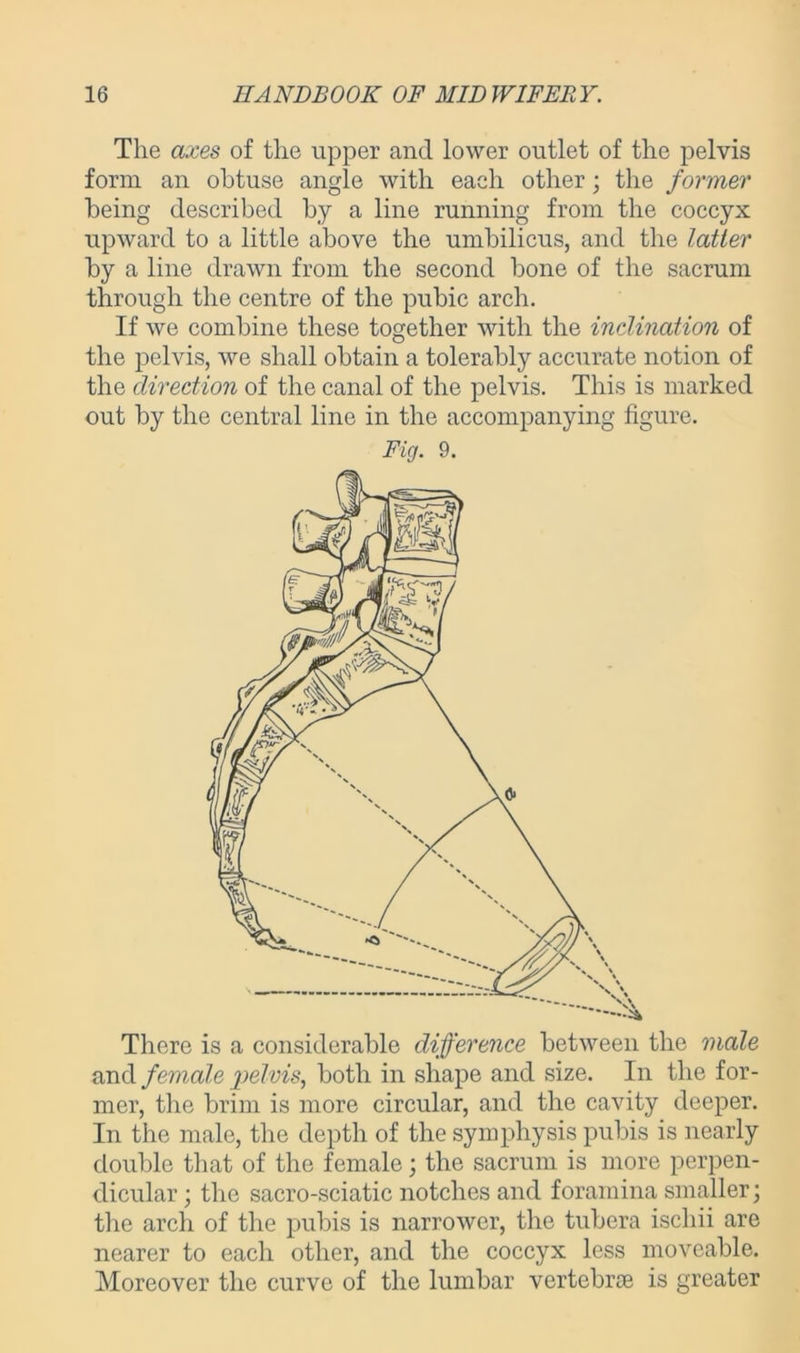 The axes of the upper and lower outlet of the pelvis form an obtuse angle with each other; the former being described by a line running from the coccyx upward to a little above the umbilicus, and the latter by a line drawn from the second bone of the sacrum through the centre of the pubic arch. If we combine these together with the inclination of the pelvis, we shall obtain a tolerably accurate notion of the direction of the canal of the pelvis. This is marked out by the central line in the accompanying figure. Fig. 9. There is a considerable difference between the male and female pelvis, both in shape and size. In the for- mer, the brim is more circular, and the cavity deeper. In the male, the depth of the symphysis pubis is nearly double that of the female; the sacrum is more perpen- dicular ; the sacro-sciatic notches and foramina smaller; the arch of the pubis is narrower, the tubera ischii are nearer to each other, and the coccyx less moveable. Moreover the curve of the lumbar vertebrae is greater