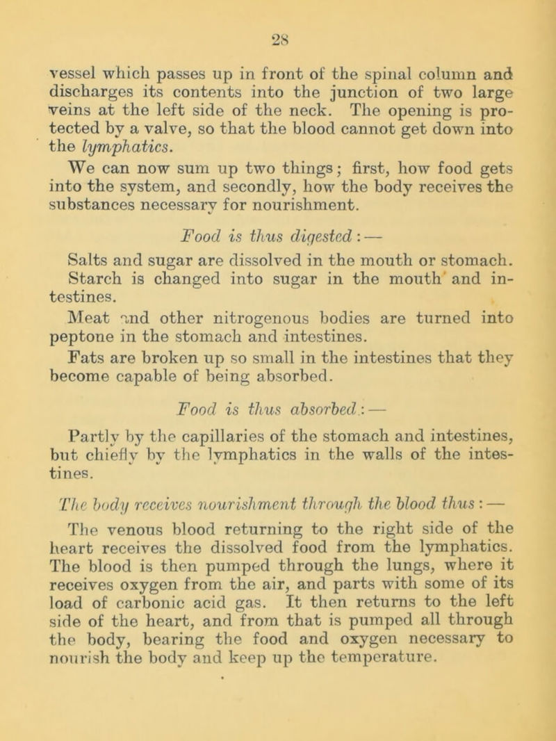 vessel which passes up in front of the spinal column and discharges its contents into the junction of two large veins at the left side of the neck. The opening is pro- tected by a valve, so that the blood cannot get down into the lymphatics. We can now sum up two things; first, how food gets into the system, and secondly, how the body receives the substances necessary for nourishment. Food is thus digested : — Salts and sugar are dissolved in the mouth or stomach. Starch is changed into sugar in the mouth and in- testines. Meat and other nitrogenous bodies are turned into peptone in the stomach and intestines. Fats are broken up so small in the intestines that they become capable of being absorbed. Food is thus absorbed : — Partly by the capillaries of the stomach and intestines, but chiefly by the lymphatics in the walls of the intes- tines. The body receives nourishment through the blood thus : — The venous blood returning to the right side of the heart receives the dissolved food from the lymphatics. The blood is then pumped through the lungs, where it receives oxygen from the air, and parts with some of its load of carbonic acid gas. It then returns to the left side of the heart, and from that is pumped all through the body, bearing the food and oxygen necessary to nourish the body and keep up the temperature.