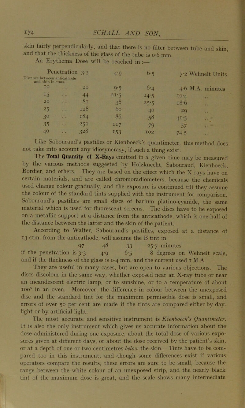 skin fairly perpendicularly, and that there is no filter between tube and skin, and that the thickness of the glass of the tube is o-6 mm. An Erythema Dose will be reached in :— Penetration Distance between anticathode and skin in ctins. 3-3 4‘9 6-5 7’2 Wehnelt Units 10 20 9-5 6-4 4-6 M.A. minutes 15 44 215 i4'5 10-4 20 81 38 25'5 iS-6 25 128 60 40 29 30 184 86 58 4i-5 35 250 117 79 57 40 328 153 102 74'5 f > Like Sabouraud’s pastilles or Kienboeck’s quantimeter, this method does not take into account any idiosyncrasy, if such a thing exist. The Total Quantity of X-Rays emitted in a given time may be measured by the various methods suggested by Holzknecht, Sabouraud, Kienboeck, Bordier, and others. They are based on the effect which the X rays have on certain materials, and are called chromoradiometers, because the chemicals used change colour gradually, and the exposure is continued till they assume the colour of the standard tints supplied with the instrument for comparison. Sabouraud’s pastilles are small discs of barium platino-cyanide, the same material which is used for fluorescent screens. The discs have to be exposed on a metallic support at a distance from the anticathode, which is one-half of the distance between the latter and the skin of the patient. According to Walter, Sabouraud’s pastilles, exposed at a distance of 13 ctm. from the anticathode, will assume the B tint in 97 48 33 257 minutes if the penetration is 3-3 4-9 6-5 8 degrees on Wehnelt scale, and if the thickness of the glass is 0-4 mm. and the current used 1 M.A. They are useful in many cases, but are open to various objections. The discs discolour in the same way, whether exposed near an X-ray tube or near an incandescent electric lamp, or to sunshine, or to a temperature of about ioo° in an oven. Moreover, the difference in colour between the unexposed disc and the standard tint for the maximum permissible dose is small, and errors of over 50 per cent are made if the tints are compared either by day- light or by artificial light. The most accurate and sensitive instrument is Kienboeck’s Quantimeter. It is also the only instrument which gives us accurate information about the dose administered during one exposure, about the total dose of various expo- sures given at different days, or about the dose received by the patient’s skin, or at a depth of one or two centimetres below the skin. Tints have to be com- pared too in this instrument, and though some differences exist if various operators compare the results, these errors are sure to be small, because the range between the white colour of an unexposed strip, and the nearly black tint of the maximum dose is great, and the scale shows many intermediate