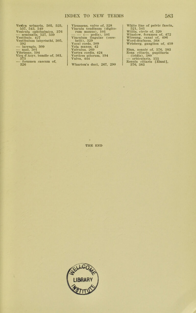 Vesica nriunrin. 505, 525, 537, 543, 540 Vesicula ophthalmica. 370 — seminalis. 527, 530 Vestibule. 427 Vestibuluiu labyriuthi, 305, 302 — larynjjis. 309 — nasi. 301 Vibrissae, 104 Vicq d’Azyr. bundle of. 301, 373 — foramen caecum of, 320 Vieussens, valve of, 32S Vincula tendinum (dlgito- rum manus), 101 (— pedis), 101 Vinculum lingulae (cere- belli). 320 Vocal cords, 300 Vola manus. 42 Volvulus. 200 Vortex cordis, 424 Vortices pilorum, 104 Vulva, 444 Wharton’s duct, 207, 290 THE END White iine of pelvic fascia, 521, 541 IVillis, circle of. 320 Winslow, foramen of, 472 Wirsung, canal of, 400 Word-deafness, 308 Wrisherg, ganglion of, 410 Zinn, zonule of, 370, 383 Zona ciliaris, pupillaris (i rid is), 380 — orbicularis, 155 Zonula ciliaris [Zinni], 370, 383