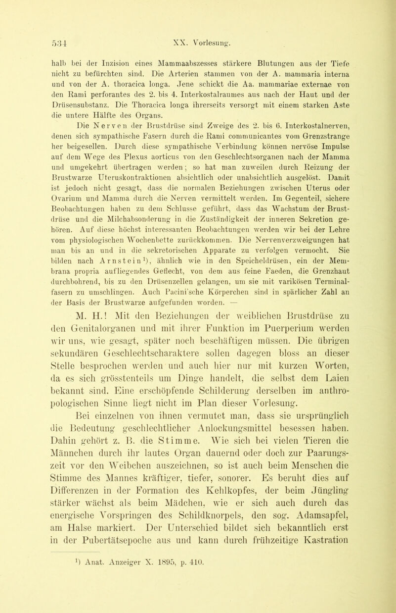 halb bei der Inzision eines Mammaabszesses stärkere Blutungen aus der Tiefe nicht zu befürchten sind. Die Arterien stammen von der A. mammaria interna und von der A. thoracica longa. Jene schickt die Aa. mammariae externae von den Rami perforantes des 2. bis 4. Interkostalraumes aus nach der Haut und der Drüsensubstanz. Die Thoracica longa ihrerseits versorgt mit einem starken Aste die untere Hälfte des Organs. Die Nerven der Brustdrüse sind Zweige des 2. bis 6. Interkostalnerven, denen sich sympathische Fasern durch die Rami communicantes vom Grenzstrange her beigesellen. Durch diese sympathische Verbindung können nervöse Impulse auf dem Wege des Plexus aorticus von den Geschlechtsorganen nach der Mamma und umgekehrt übertragen werden; so hat man zuweilen durch Reizung der Brustwarze Uteruskontraktionen absichtlich oder unabsichtlich ausgelöst. Damit ist jedoch nicht gesagt, dass die normalen Beziehungen zwischen Uterus oder Ovarium und Mamma durch die Nerven vermittelt werden. Im Gegenteil, sichere Beobachtungen haben zu dem Schlüsse geführt, dass das Wachstum der Brust- drüse und die Milchabsonderung in die Zuständigkeit der inneren Sekretion ge- hören. Auf diese höchst interessanten Beobachtungen werden wir bei der Lehre vom physiologischen Wochenbette zurückkommen. Die Nerven Verzweigungen hat man bis an und in die sekretorischen Apparate zu verfolgen vermocht. Sie bilden nach Arnstein1), ähnlich wie in den Speicheldrüsen, ein der Mem- brana propria aufliegendes Geflecht, von dem aus feine Faeden, die Grenzhaut durchbohrend, bis zu den Drüsenzellen gelangen, um sie mit varikösen Terminal- fasern zu umschlingen. Auch Pacini’sche Körperchen sind in spärlicher Zahl an der Basis der Brustwarze aufgefunden worden. — M. H.! Mit den Beziehungen der weiblichen Brustdrüse zu den Genitalorganen und mit ihrer Funktion im Puerperium werden wir uns, wie gesagt, später noch beschäftigen müssen. Die übrigen sekundären Geschlechtscharaktere sollen dagegen bloss an dieser Stelle besprochen werden und auch hier nur mit kurzen Worten, da es sich grösstenteils um Dinge handelt, die selbst dem Laien bekannt sind. Eine erschöpfende Schilderung derselben im anthro- pologischen Sinne liegt nicht im Plan dieser Vorlesung. Bei einzelnen von ihnen vermutet man, dass sie ursprünglich die Bedeutung geschlechtlicher Anlockungsmittel besessen haben. Dahin gehört z. B. die Stimme. Wie sich bei vielen Tieren die Männchen durch ihr lautes Organ dauernd oder doch zur Paarungs- zeit vor den Weibchen auszeichnen, so ist auch beim Menschen die Stimme des Mannes kräftiger, tiefer, sonorer. Es beruht dies auf Differenzen in der Formation des Kehlkopfes, der beim Jüngling stärker wächst als beim Mädchen, wie er sich auch durch das energische Vorspringen des Schildknorpels, den sog. Adamsapfel, am Halse markiert. Der Unterschied bildet sich bekanntlich erst in der Pubertätsepoche aus und kann durch frühzeitige Kastration ^ Anat. Anzeiger X. 1895, p. 410.