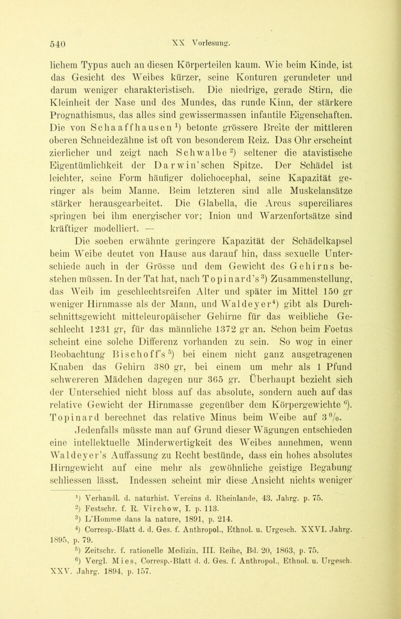 lichem Typus auch an diesen Körperteilen kaum. Wie beim Kinde, ist das Gesicht des Weibes kürzer, seine Konturen gerundeter und darum weniger charakteristisch. Die niedrige, gerade Stirn, die Kleinheit der Käse und des Mundes, das runde Kinn, der stärkere Prognathismus, das alles sind gewissermassen infantile Eigenschaften. Die von Scha aff hausen ^ betonte grössere Breite der mittleren oberen Schneidezähne ist oft von besonderem Reiz. Das Ohr erscheint zierlicher und zeigt nach Schwalbe1 2) seltener die atavistische Eigentümlichkeit der Darwinschen Spitze. Der Schädel ist leichter, seine Form häufiger dolichocephal, seine Kapazität ge- ringer als beim Manne. Beim letzteren sind alle Muskelansätze stärker herausgearbeitet. Die Glabella, die Arcus saperciliares springen bei ihm energischer vor; Inion und Warzenfortsätze sind kräftiger modelliert, — Die soeben erwähnte geringere Kapazität der Schädelkapsel beim Weibe deutet von Hause aus darauf hin, dass sexuelle Unter- schiede auch in der Grösse und dem Gewicht des Gehirns be- stehen müssen. In der Tat hat, nach T o p i n ar d’s3) Zusammenstellung, das Weib im geschlechtsreifen Alter und später im Mittel 150 gr weniger Hirnmasse als der Mann, und Waldeyer4) gibt als Durch- schnittsgewicht mitteleuropäischer Gehirne für das weibliche Ge- schlecht 1231 gr, für das männliche 1372 gr an. Schon beim Foetus scheint eine solche Differenz vorhanden zu sein. So wog in einer Beobachtung Bischofffs5 6) bei einem nicht ganz ausgetragenen Knaben das Gehirn 380 gr, bei einem um mehr als 1 Pfund schwereren Mädchen dagegen nur 365 gr. Überhaupt bezieht sich der Unterschied nicht bloss auf das absolute, sondern auch auf das relative Gewicht der Hirnmasse gegenüber dem Körpergewichte °). Topinard berechnet das relative Minus beim Weibe auf 3°/o- Jedenfalls müsste man auf Grund dieser Wägungen entschieden eine intellektuelle Minderwertigkeit des Weibes annehmen, wenn Waldeyer’s Auffassung zu Recht bestünde, dass ein hohes absolutes Hirngewicht auf eine mehr als gewöhnliche geistige Begabung schliessen lässt. Indessen scheint mir diese Ansicht nichts weniger 1) Verhandl. d. naturhist. Vereins d. Rheinlande, 43. Jahrg. p. 75. 2) Festschr. f. R. Virchow, I. p. 113. 3) L’Homme dans la nature, 1891, p. 214. 4) Corresp.-Blatt d. d. Ges. f. Anthropol., Ethnol. n. Urgesch. XXVI. Jahrg. 1895, p. 79. 5) Zeitschr. f. rationelle Medizin, III. Reihe, Bd. 20, 1863, p. 75. 6) Vergl. Mies, Corresp.-Blatt d. d. Ges. f. Anthropol., Ethnol. u. Urgesch. XXV. Jahrg. 1894, p. 157.